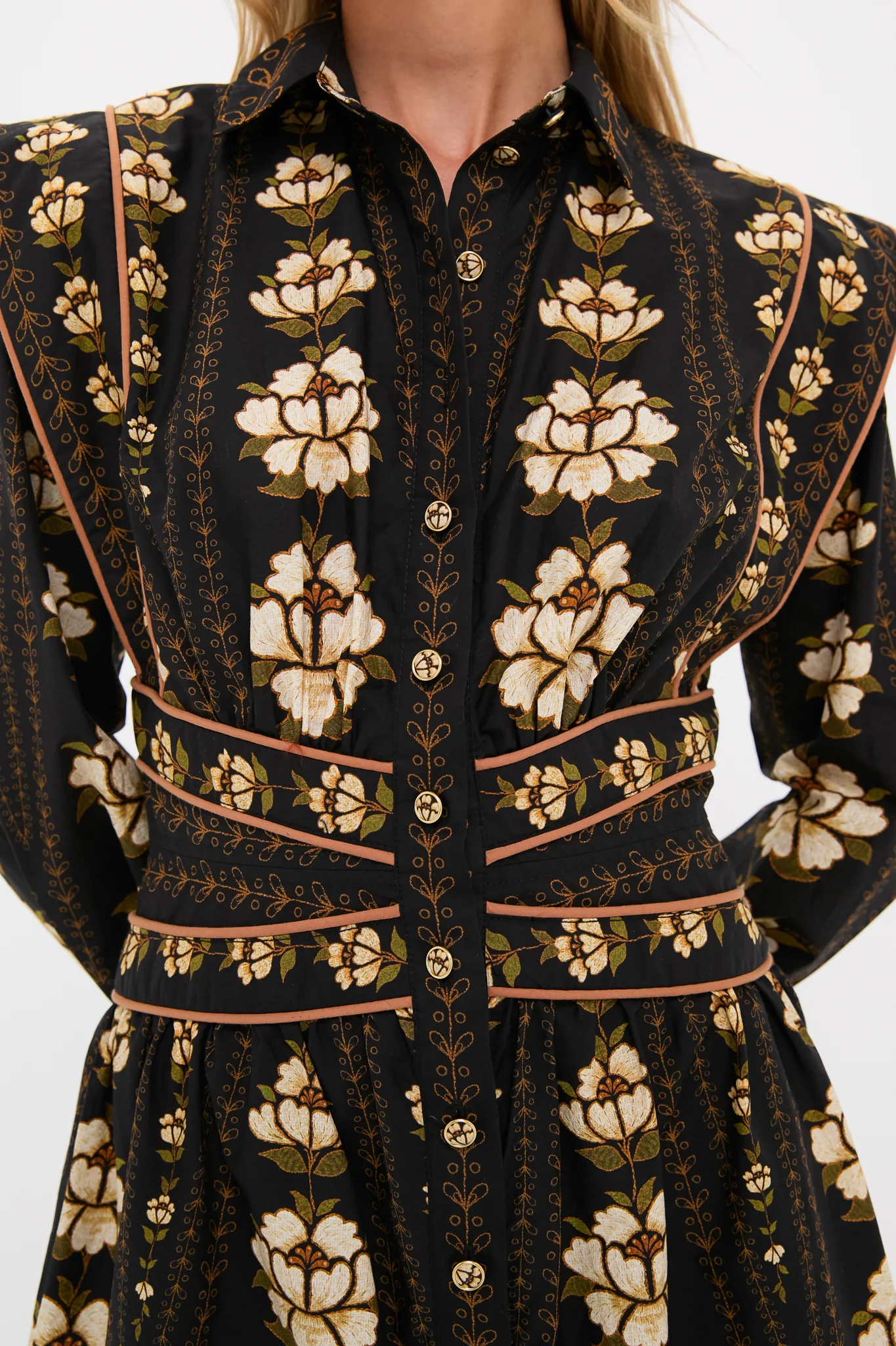Black Embroidered Flowers Topstitching Long Sleeve Mini Dress - Image 4