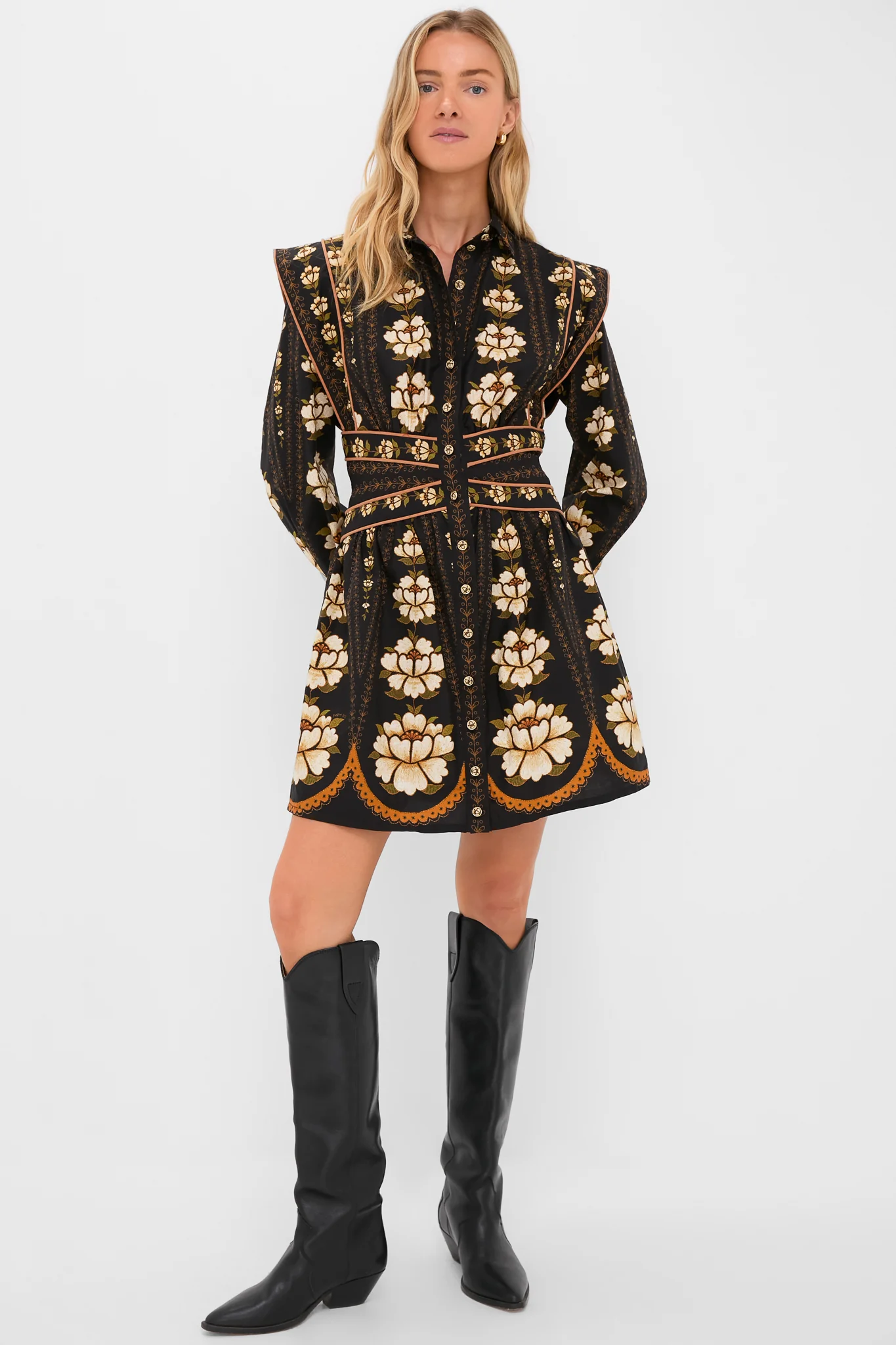 Black Embroidered Flowers Topstitching Long Sleeve Mini Dress - Image 5