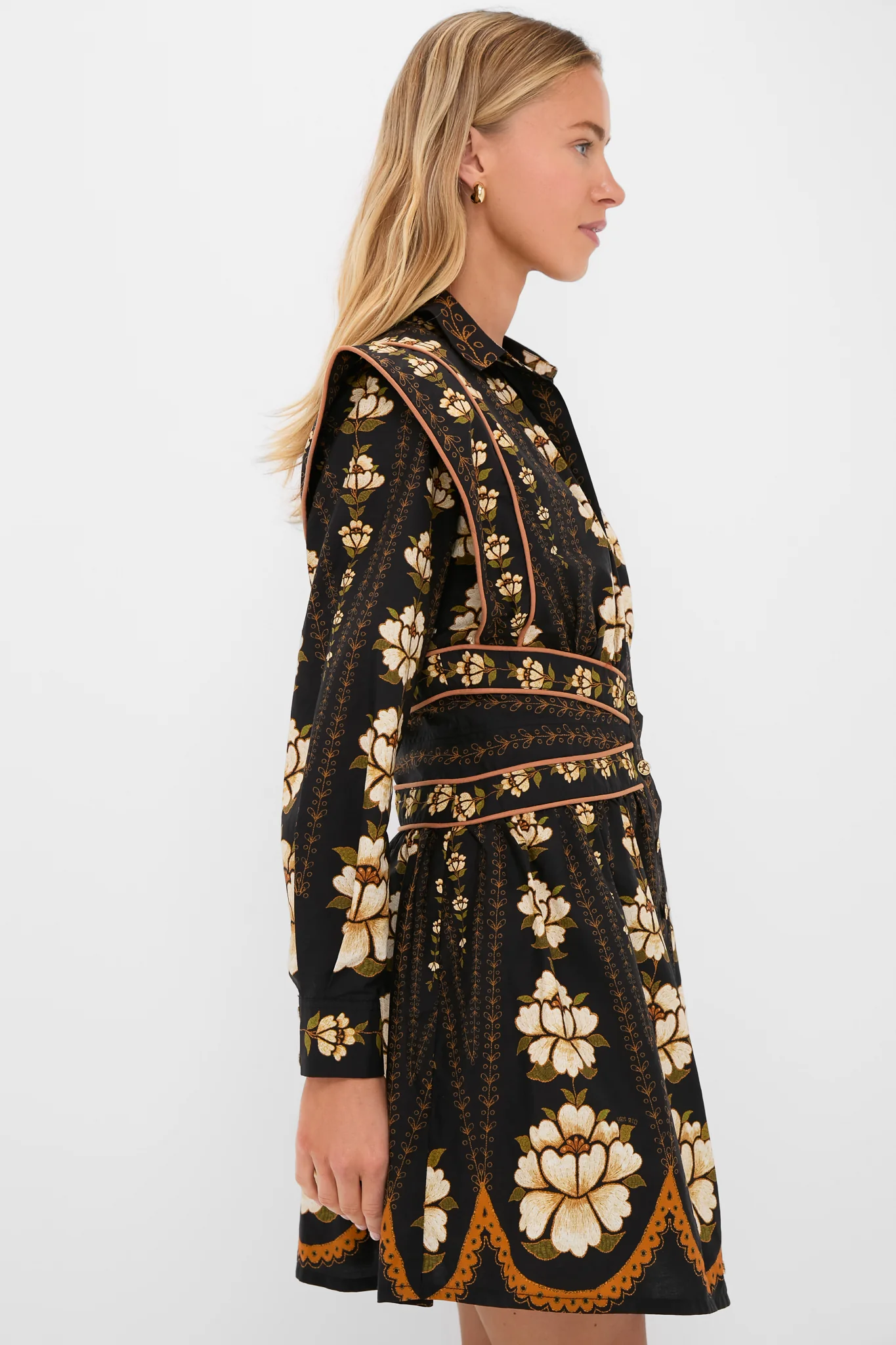 Black Embroidered Flowers Topstitching Long Sleeve Mini Dress - Image 6