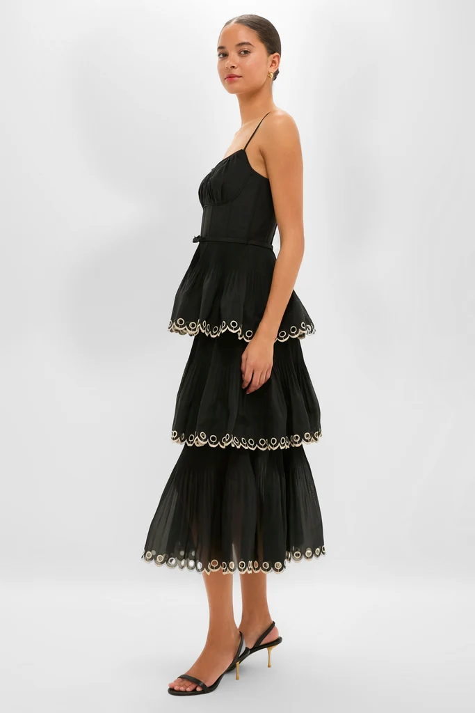 Black Embroidered Tiered Midi Dress - Image 2