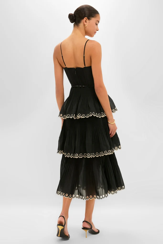 Black Embroidered Tiered Midi Dress - Image 3