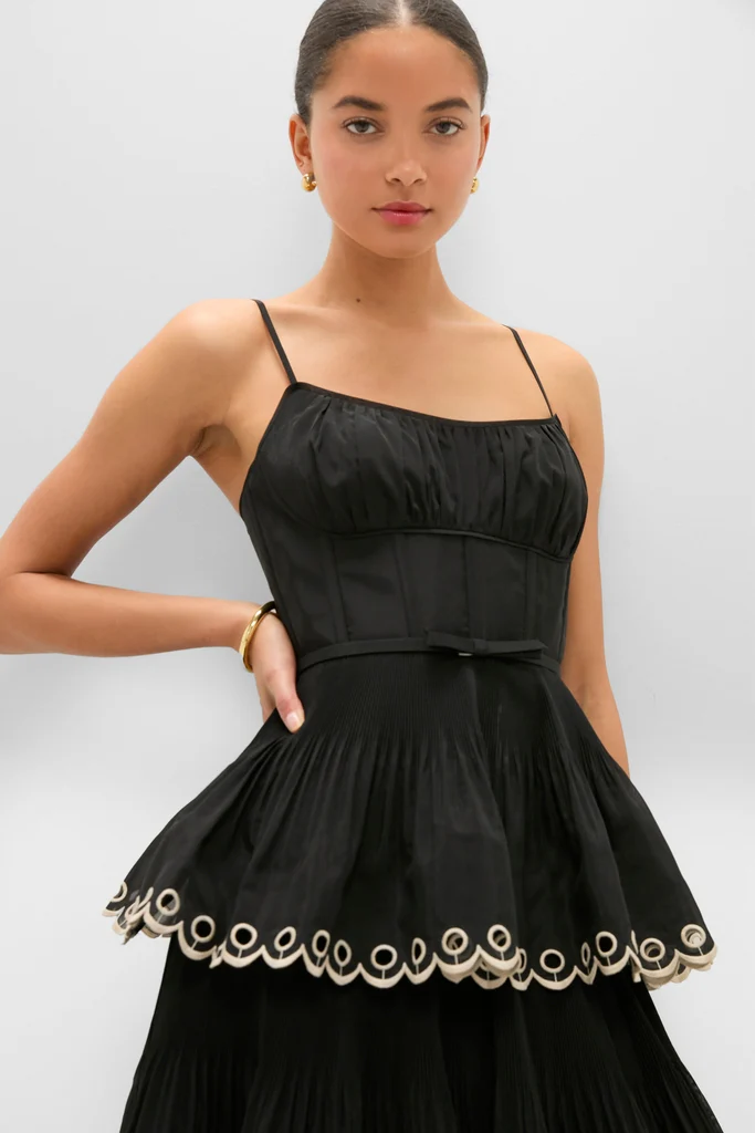 Black Embroidered Tiered Midi Dress - Image 4