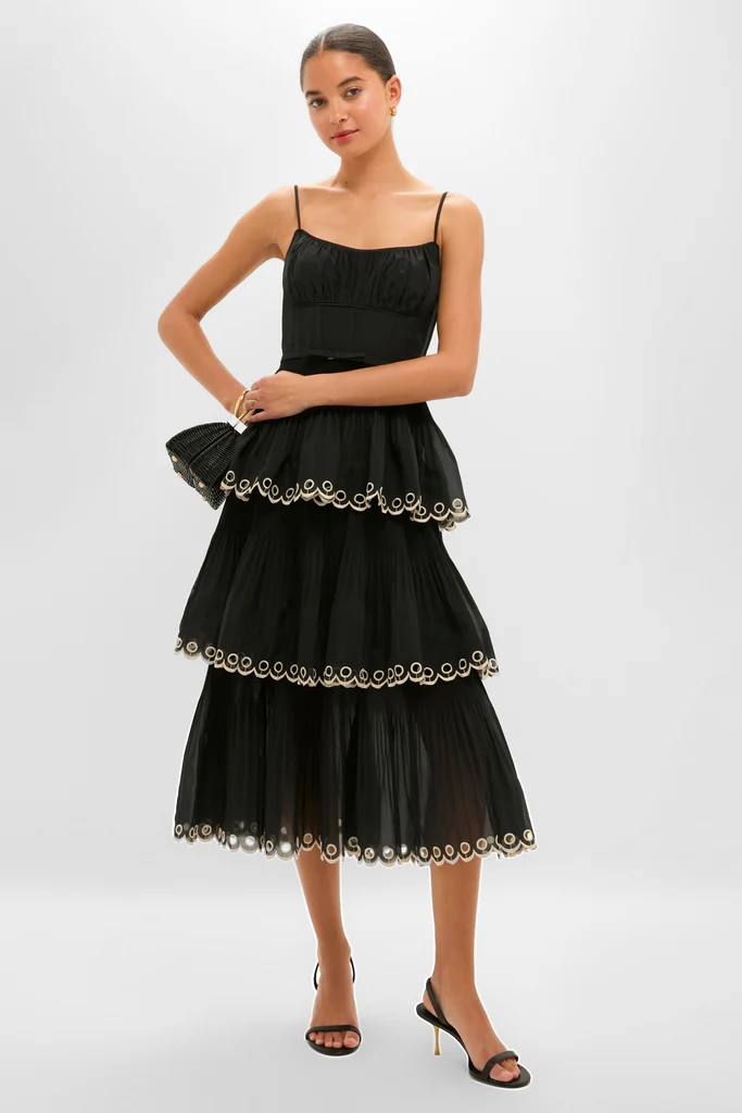 Black Embroidered Tiered Midi Dress - Image 5
