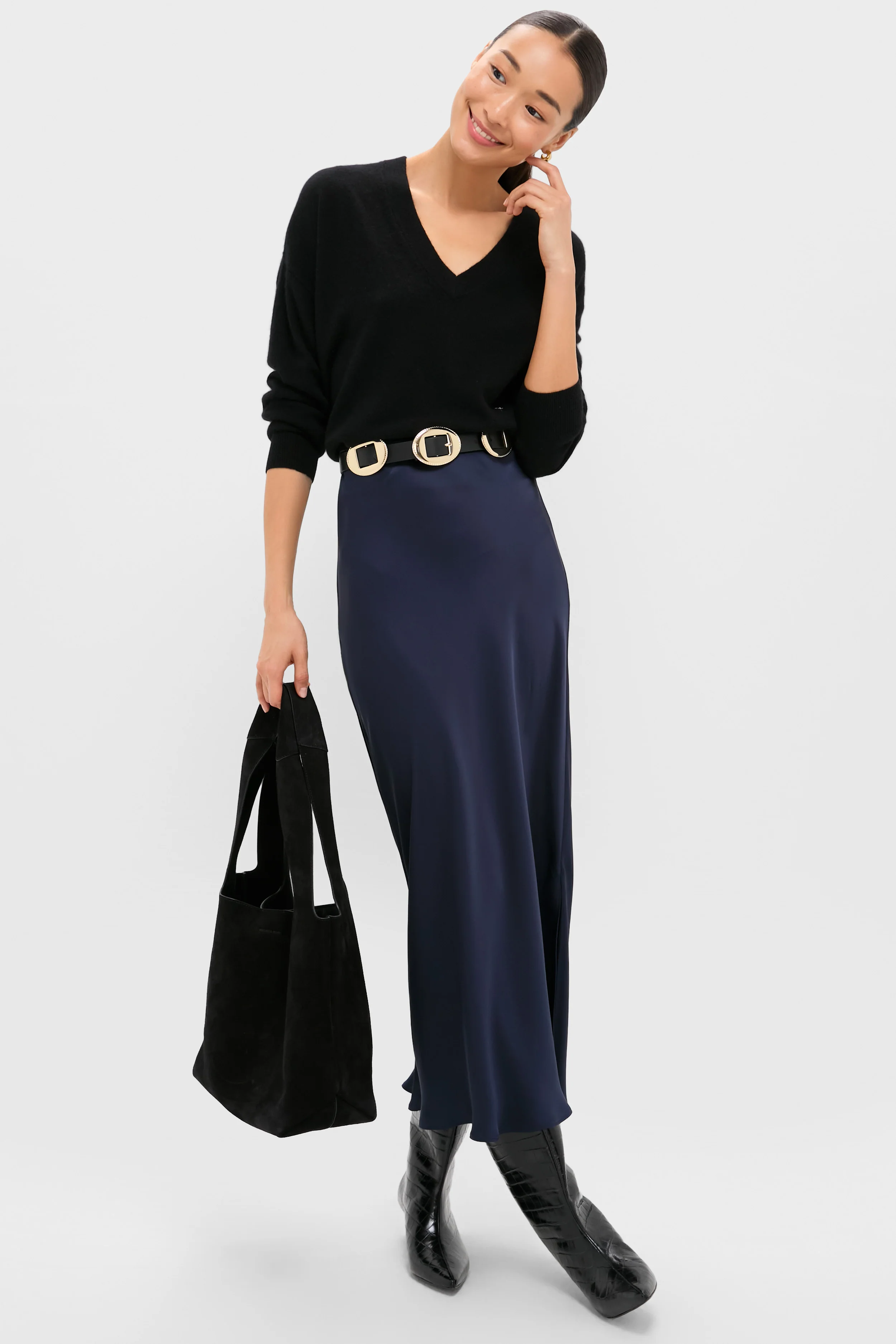Black Emma Cashmere Boyfriend V-Neck Sweater - Image 2