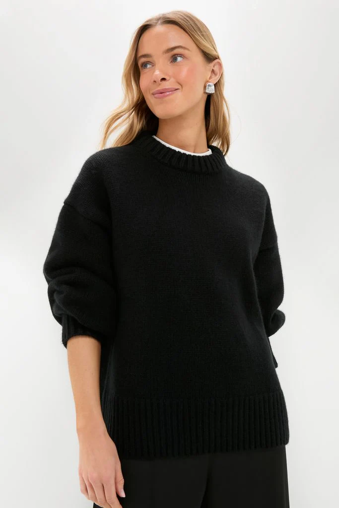 Black Genevieve Cashmere Wool Blend Crewneck Sweater - Image 2