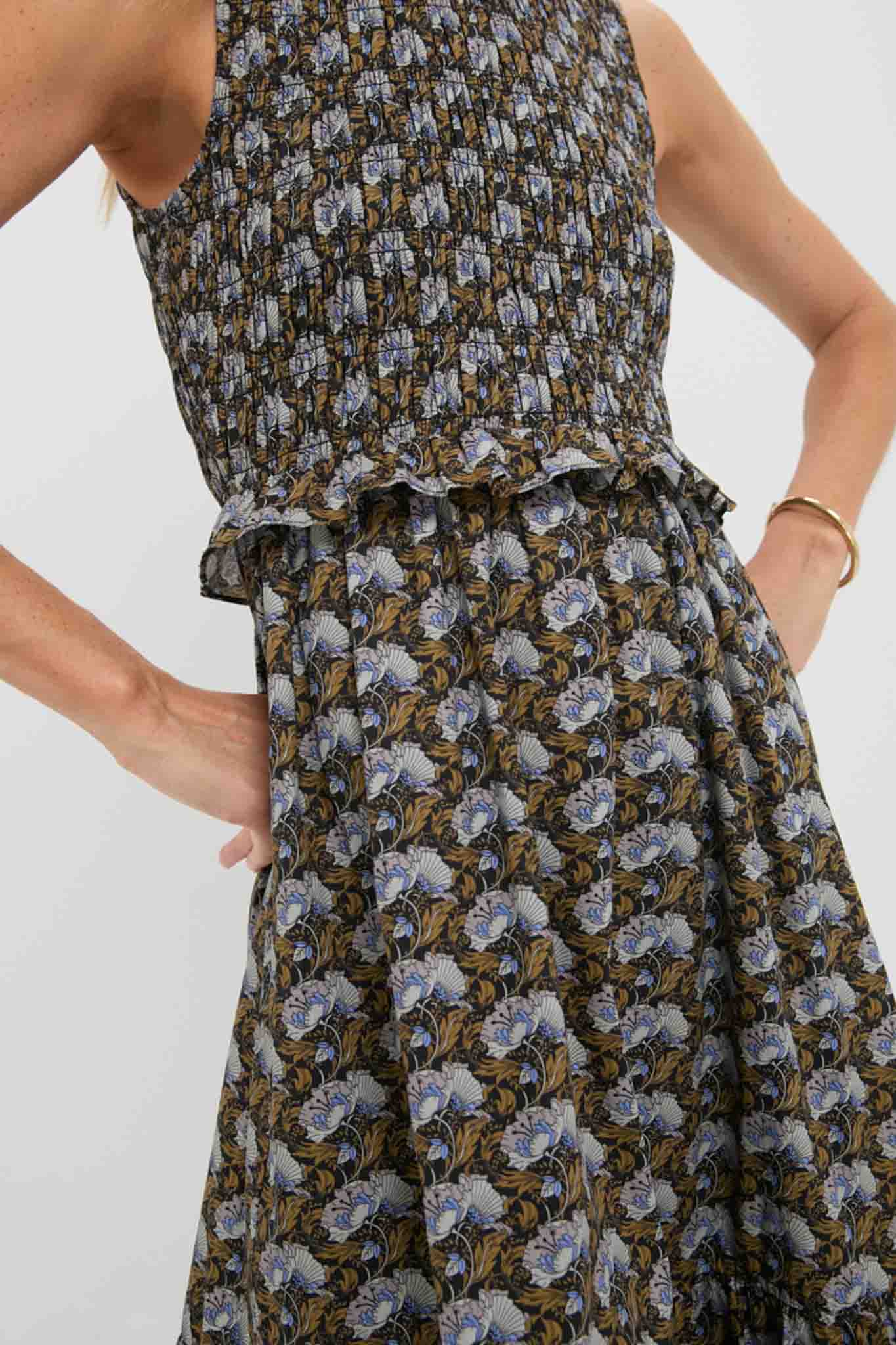 Black Leafy Floral Smocked Seaton Midi Dress - Image 2