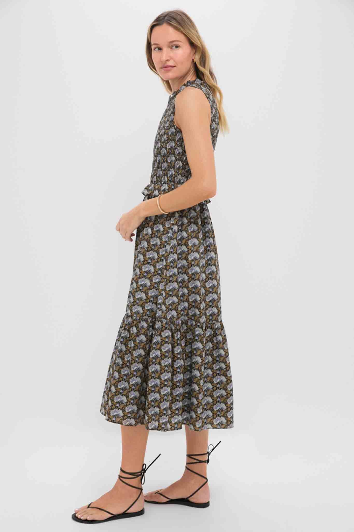 Black Leafy Floral Smocked Seaton Midi Dress - Image 3
