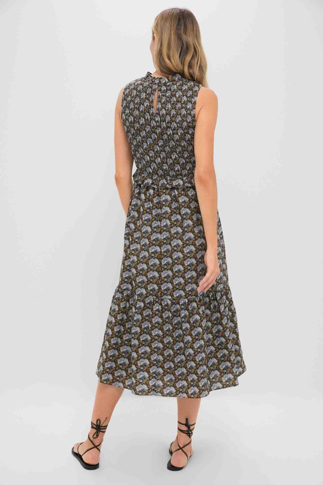 Black Leafy Floral Smocked Seaton Midi Dress - Image 4