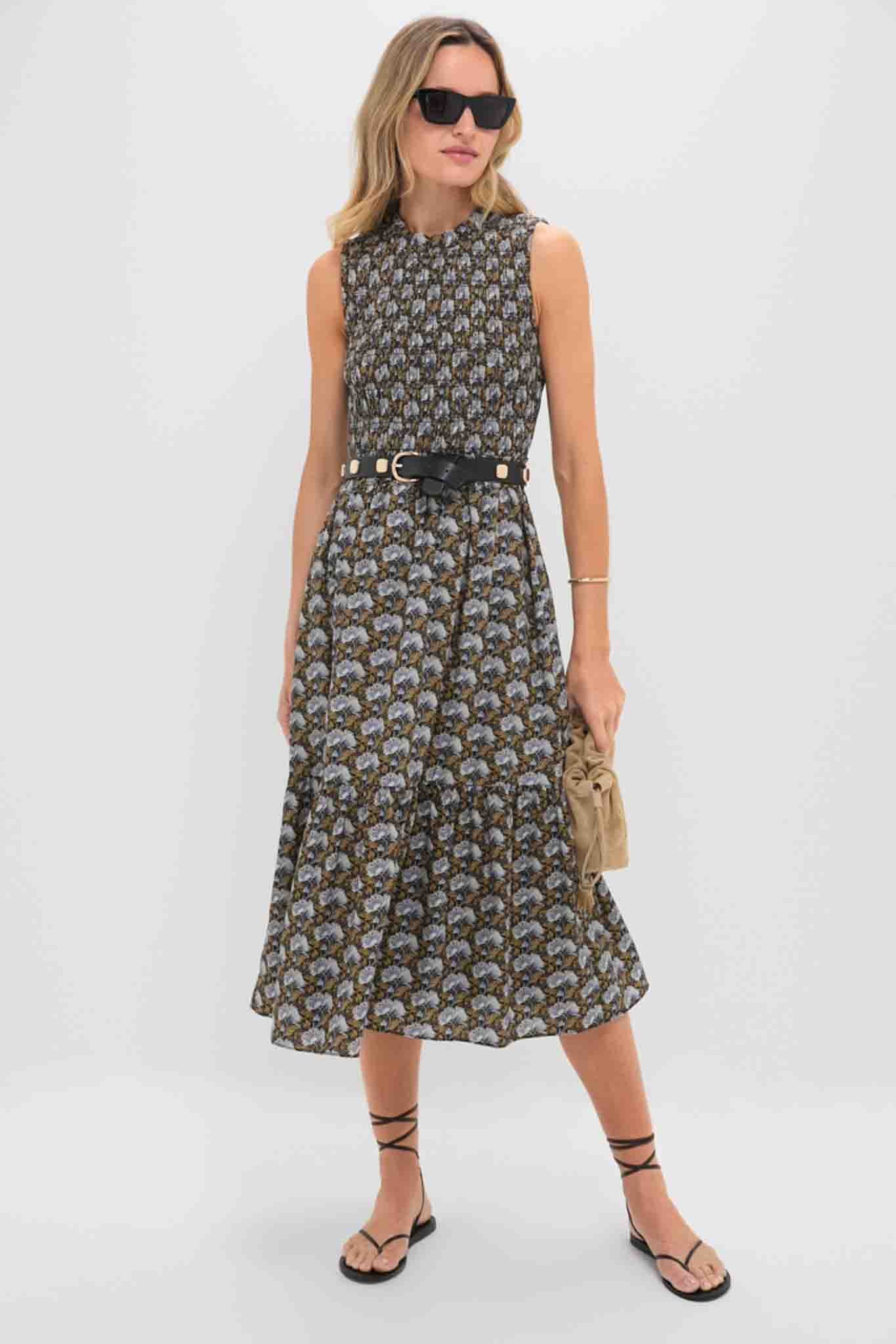 Black Leafy Floral Smocked Seaton Midi Dress - Image 6