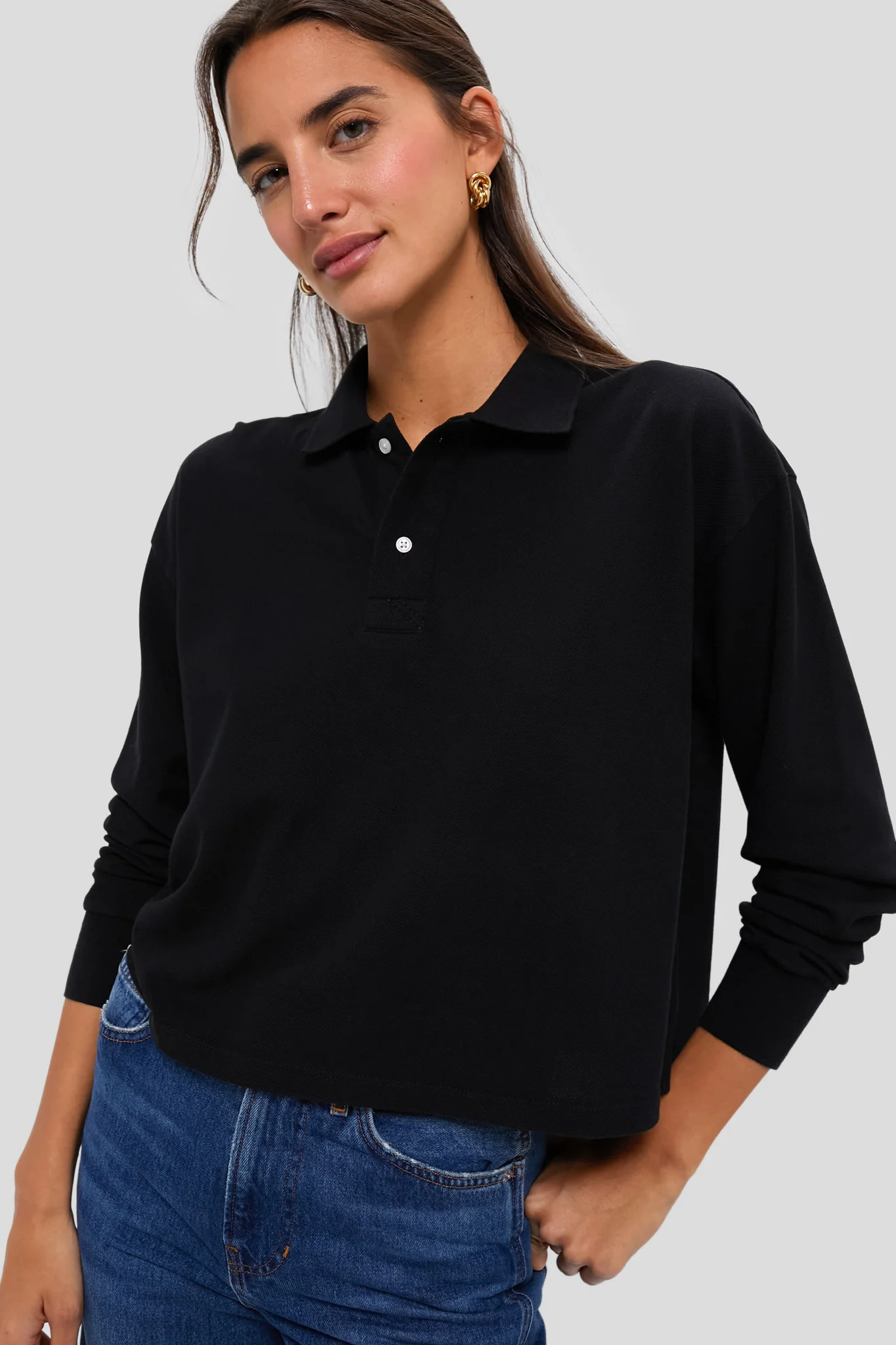 Black Long Sleeve Pique Holmes Boyfriend Polo - Image 2