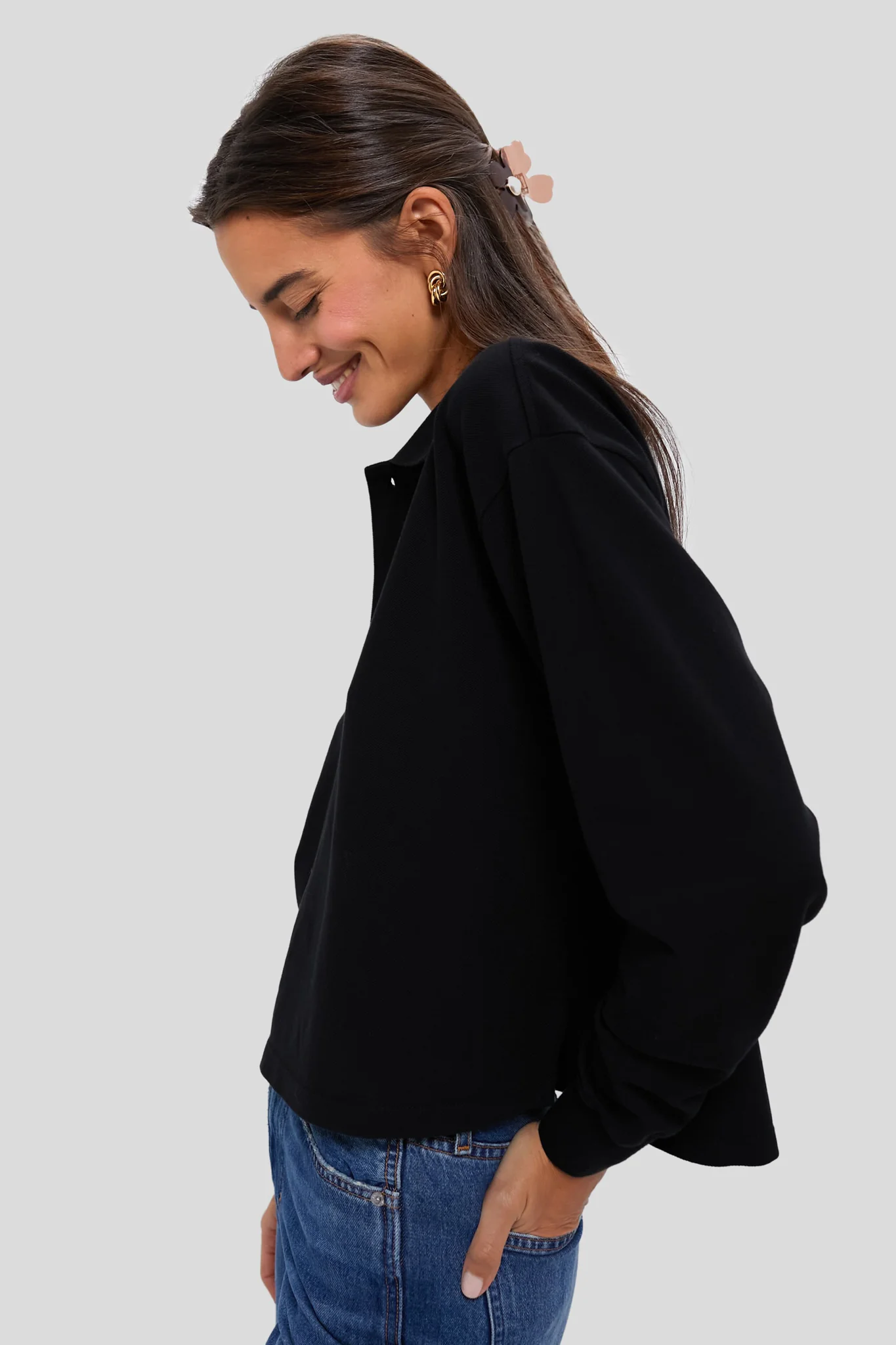 Black Long Sleeve Pique Holmes Boyfriend Polo - Image 3