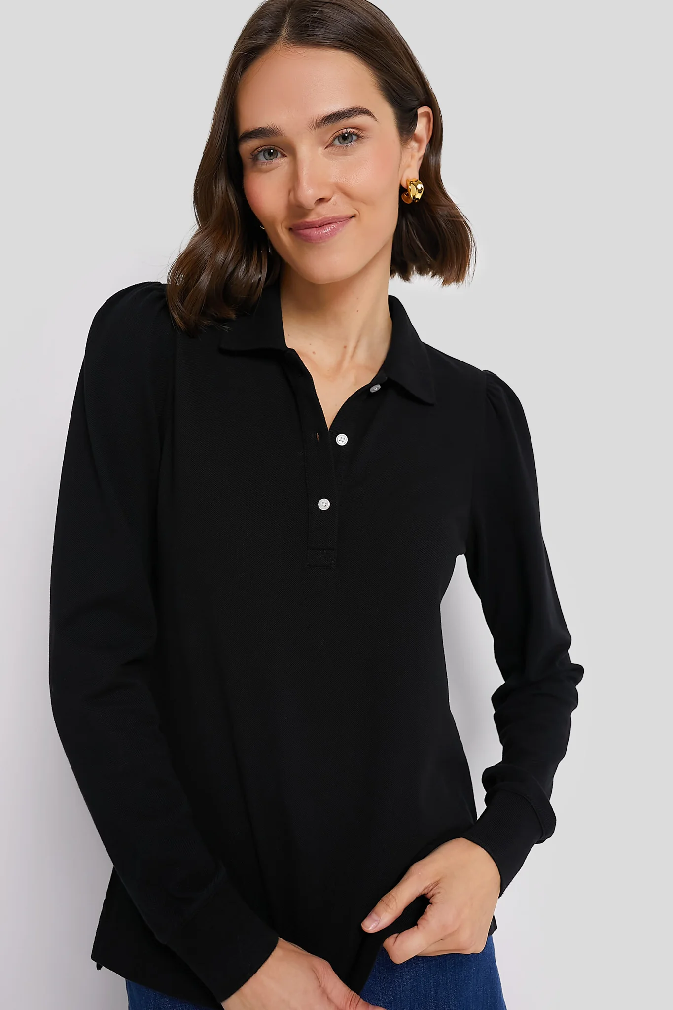 Black Long Sleeve Pique Puff Sleeve Peggy Polo - Image 2