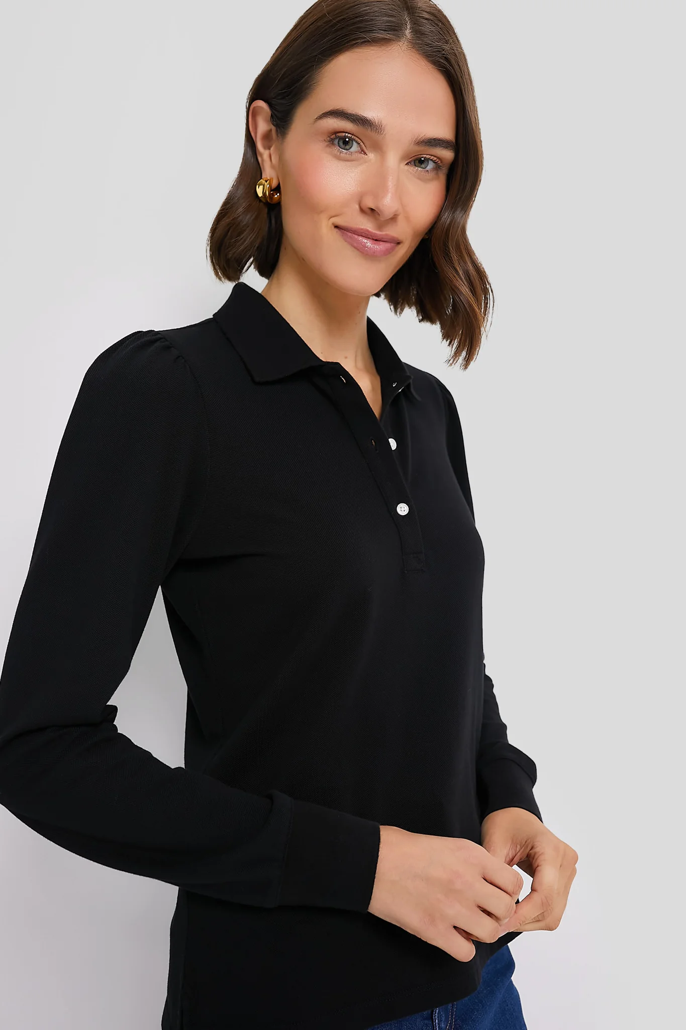 Black Long Sleeve Pique Puff Sleeve Peggy Polo - Image 3