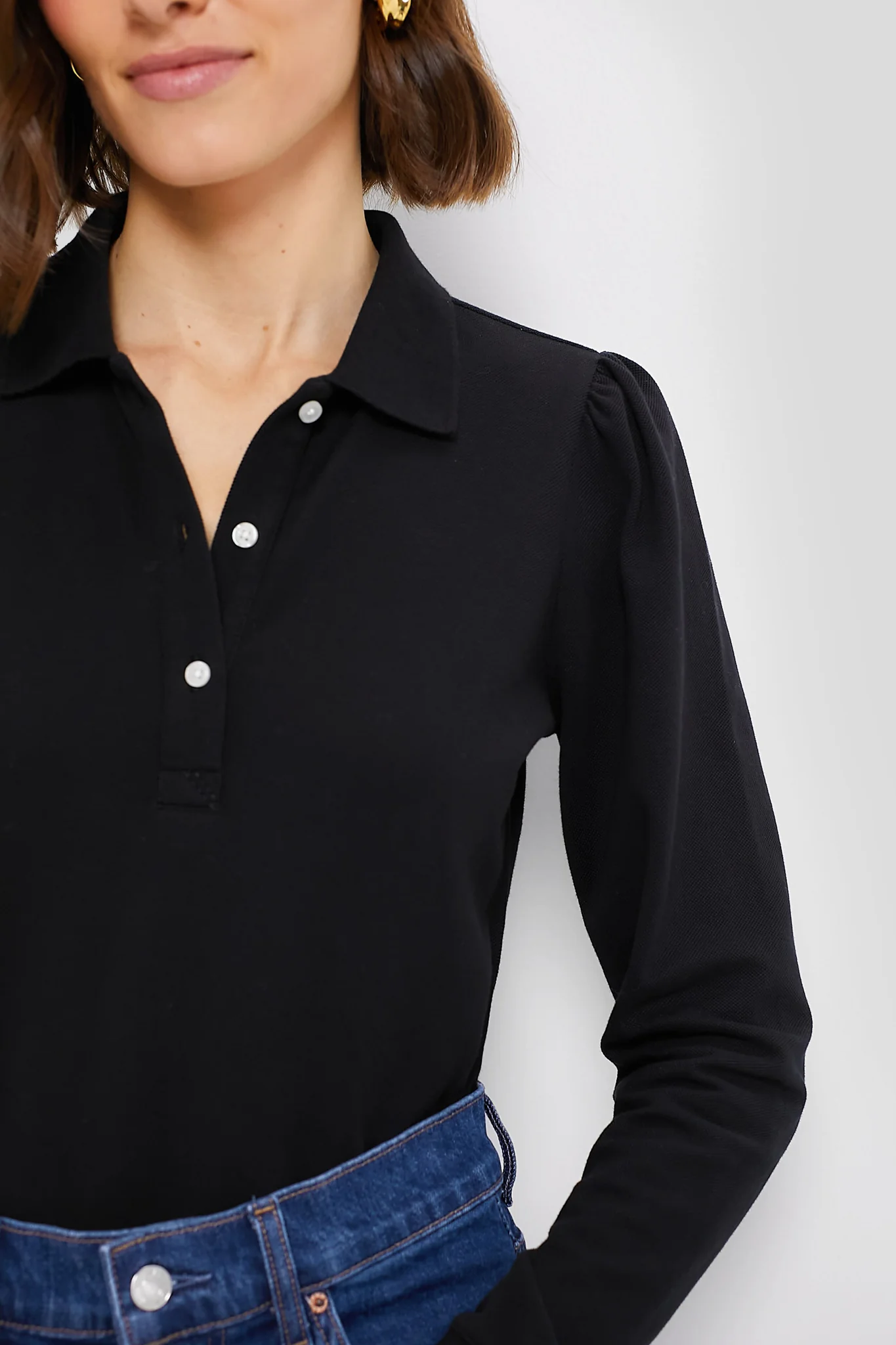 Black Long Sleeve Pique Puff Sleeve Peggy Polo - Image 5