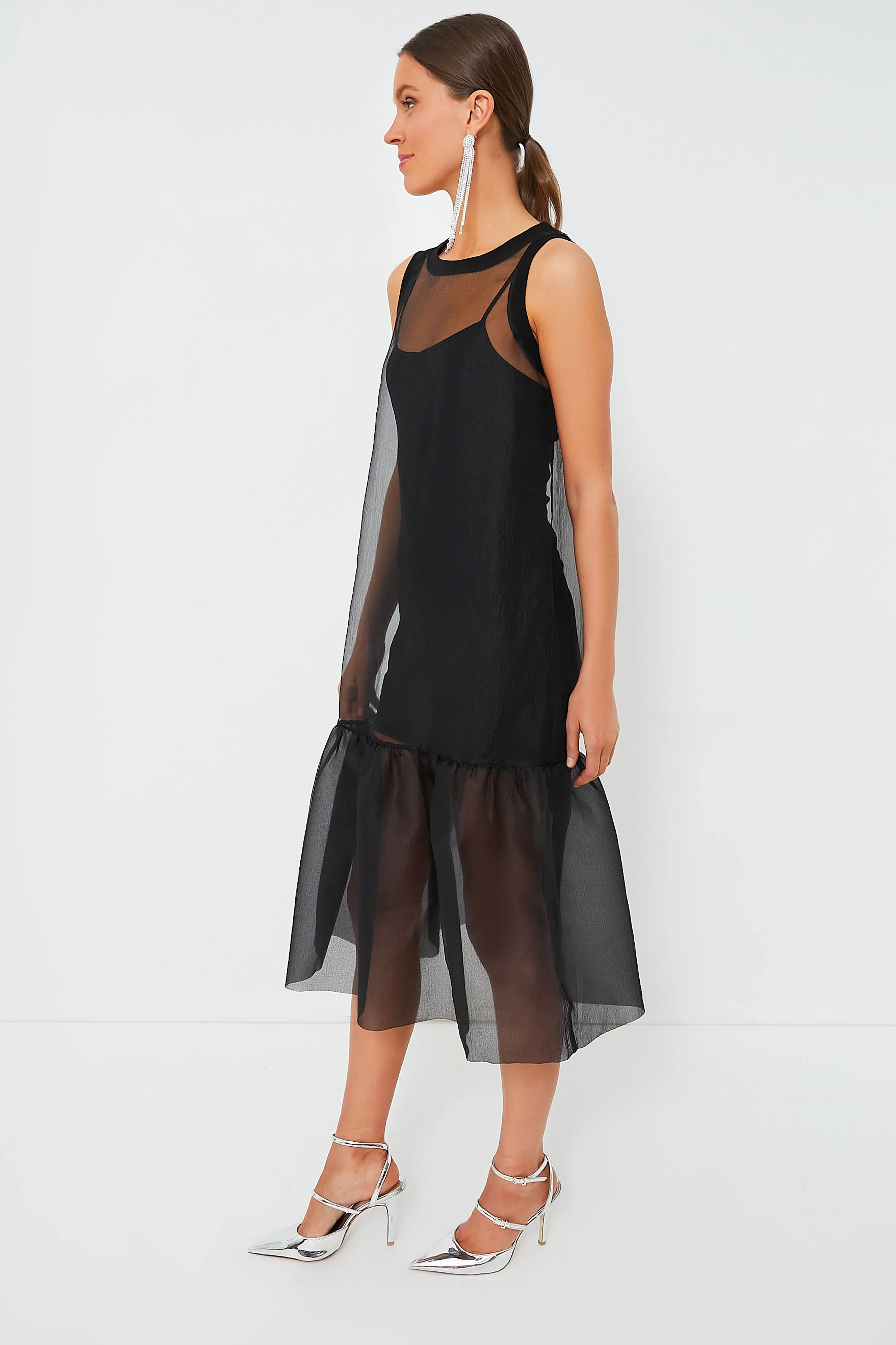 Black Midi Organza Ribbed Dress - Image 3
