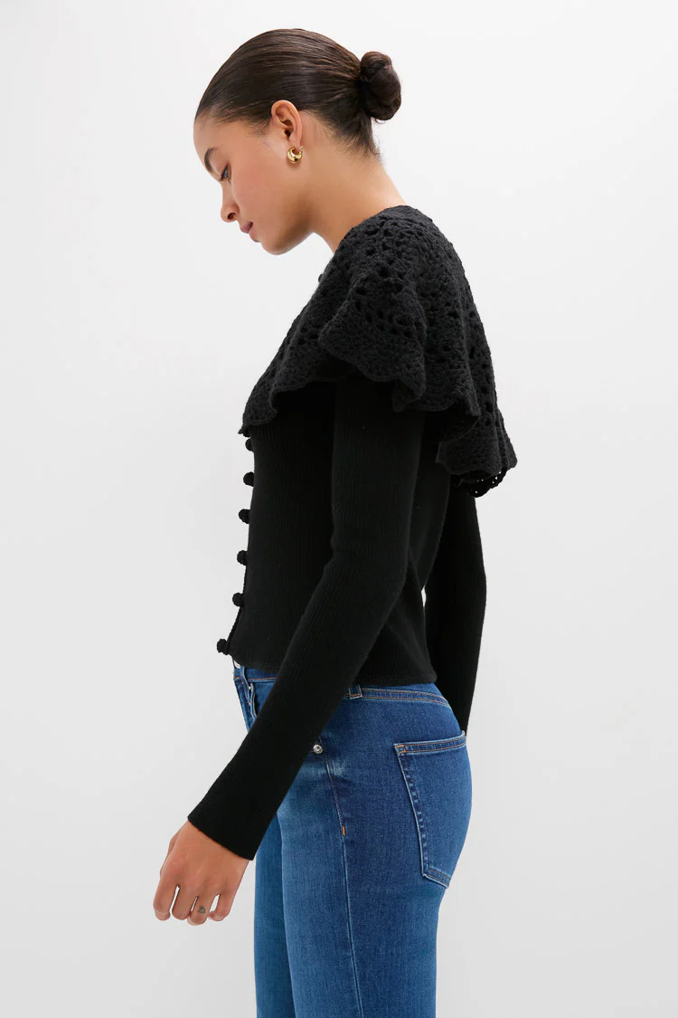 Black Nara Crochet Long Sleeve Cardigan With Capelet - Image 3