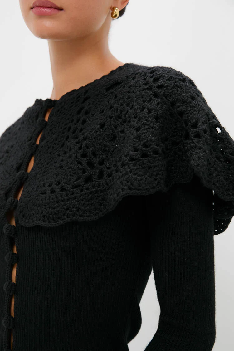 Black Nara Crochet Long Sleeve Cardigan With Capelet - Image 5