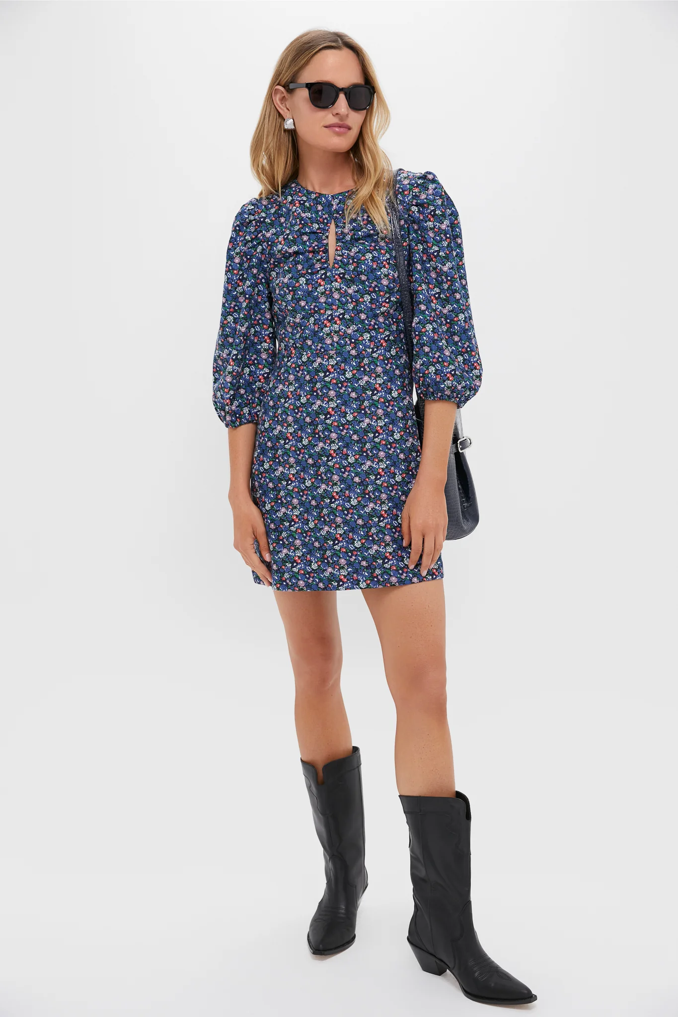 Black & Navy Corduroy Floral Keyhole Moore Mini Dress - Image 2