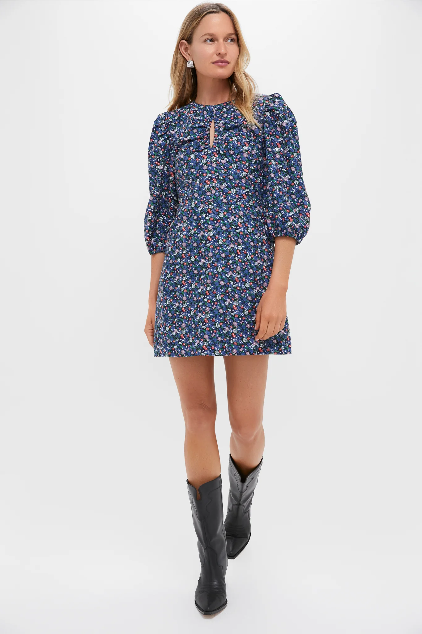 Black & Navy Corduroy Floral Keyhole Moore Mini Dress - Image 6