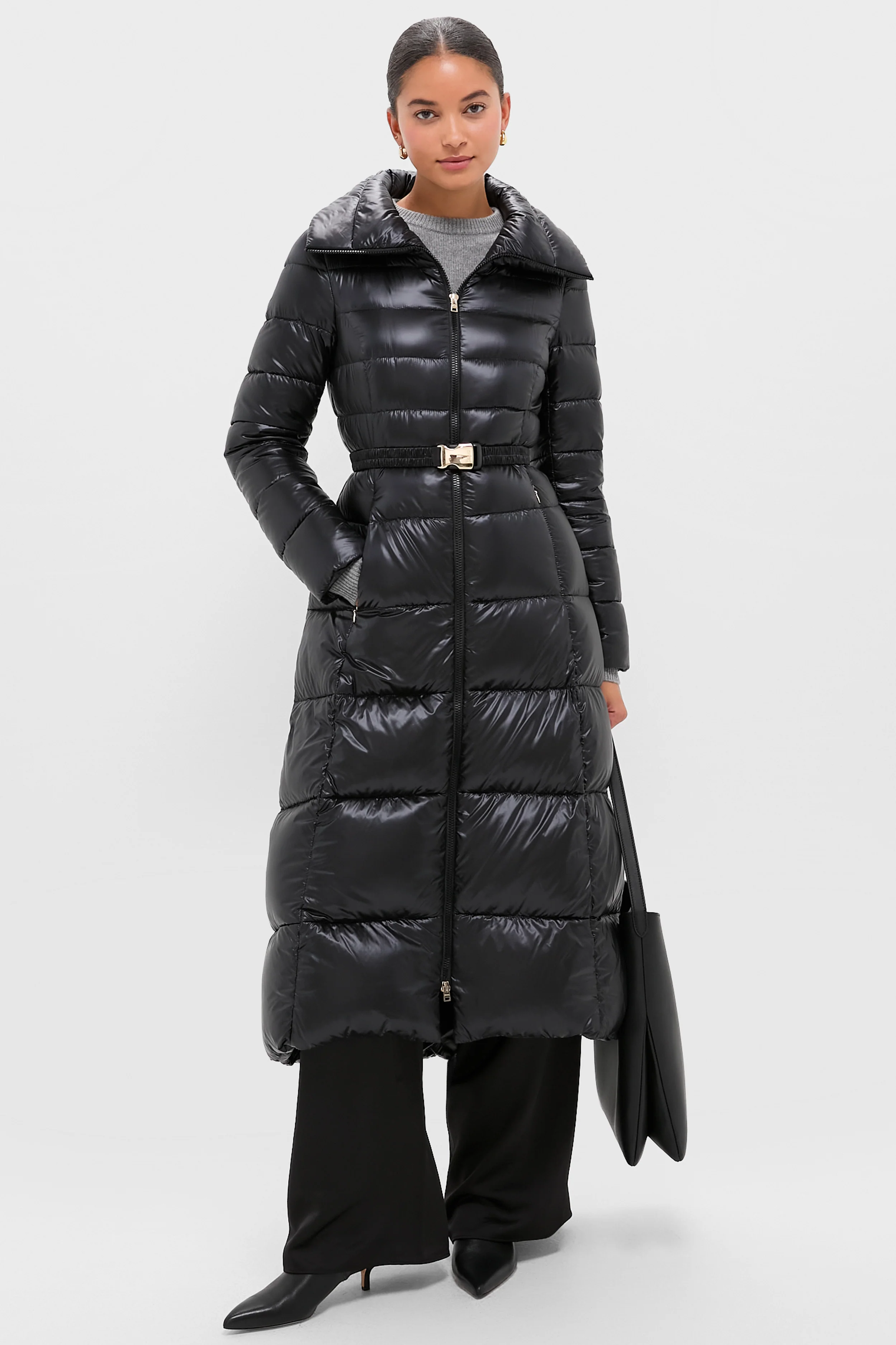Black Nylon Ultralight Quilted Maxi Coat with Elastic Belt - Image 2