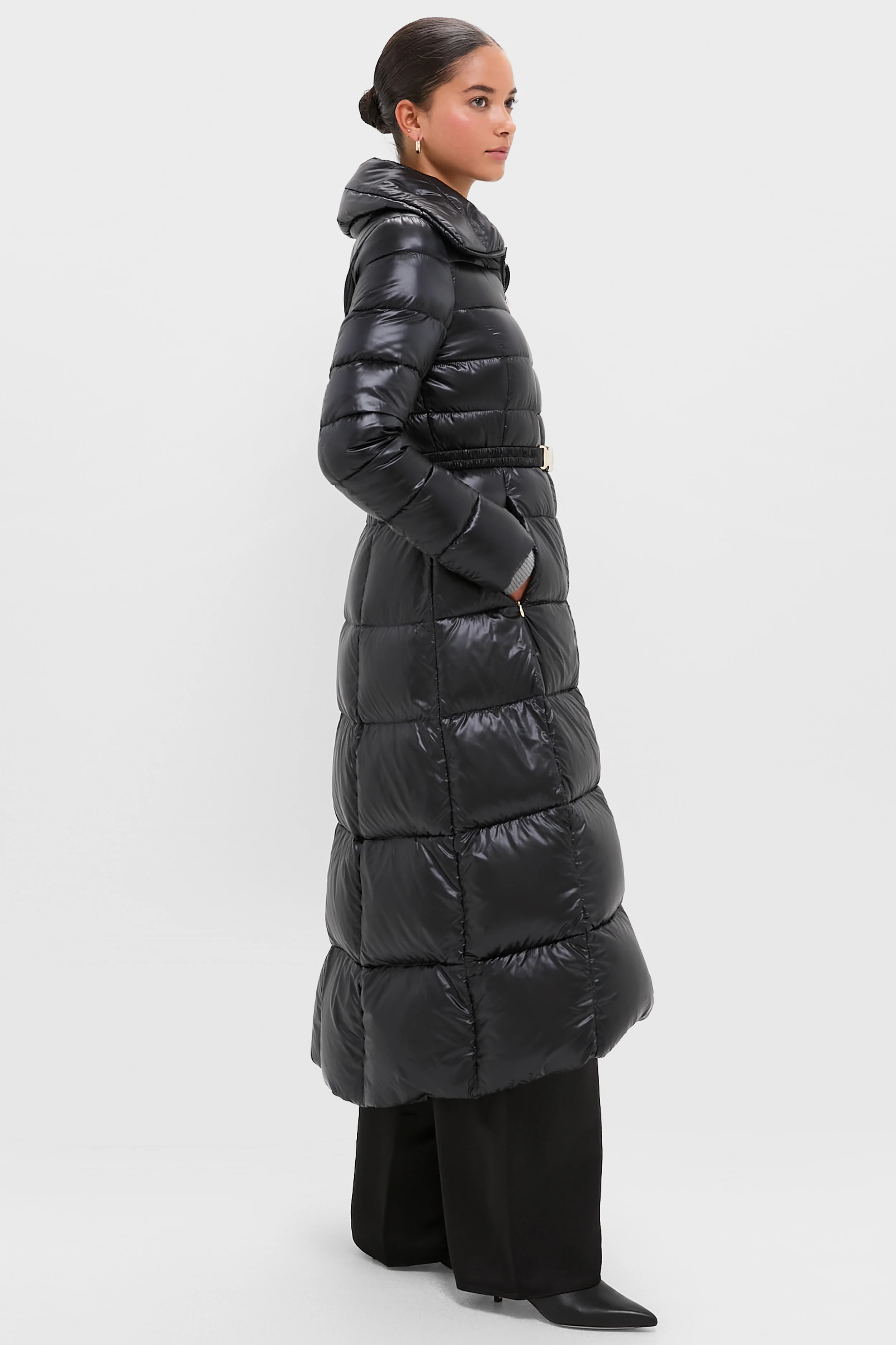 Black Nylon Ultralight Quilted Maxi Coat with Elastic Belt - Image 3