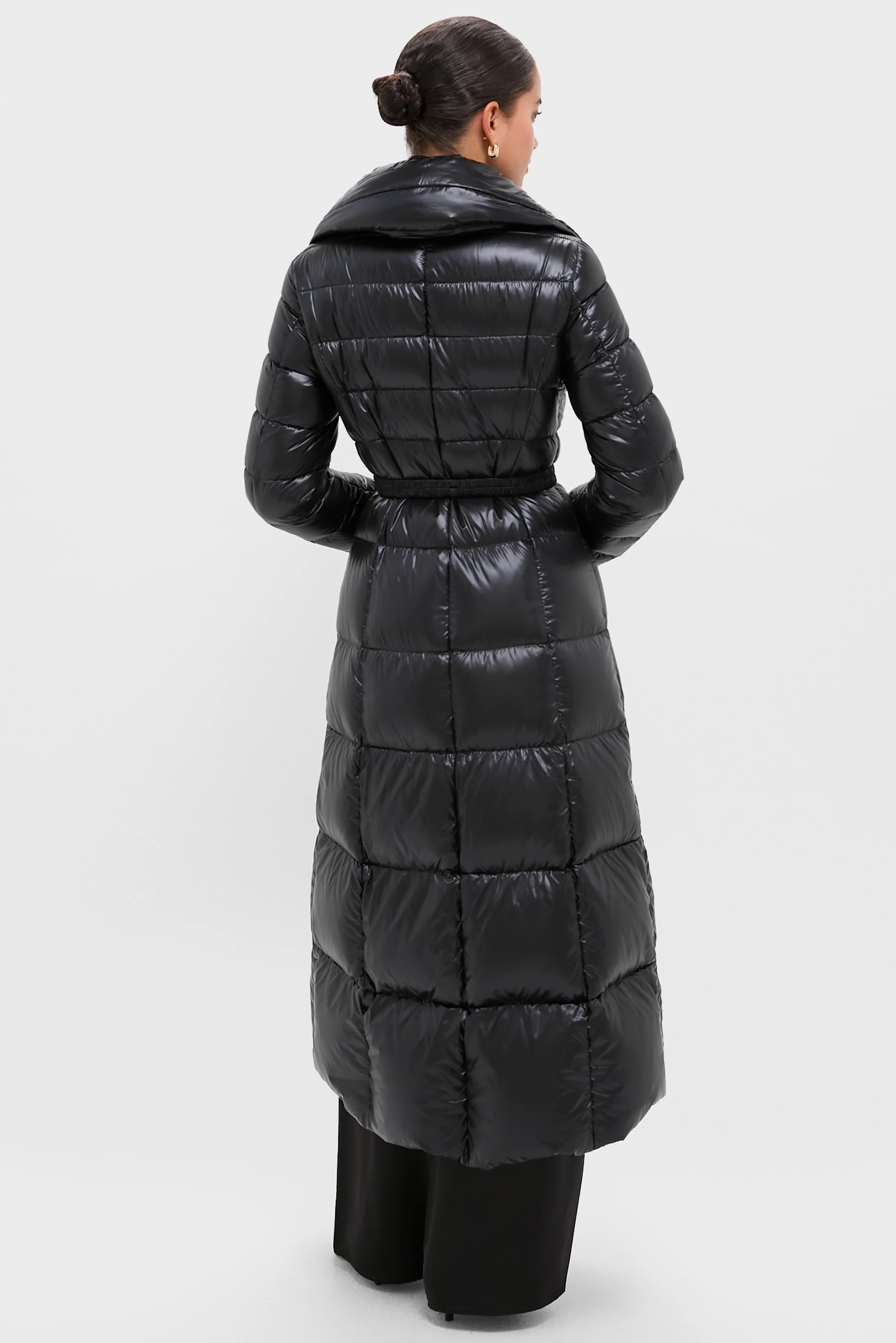 Black Nylon Ultralight Quilted Maxi Coat with Elastic Belt - Image 4