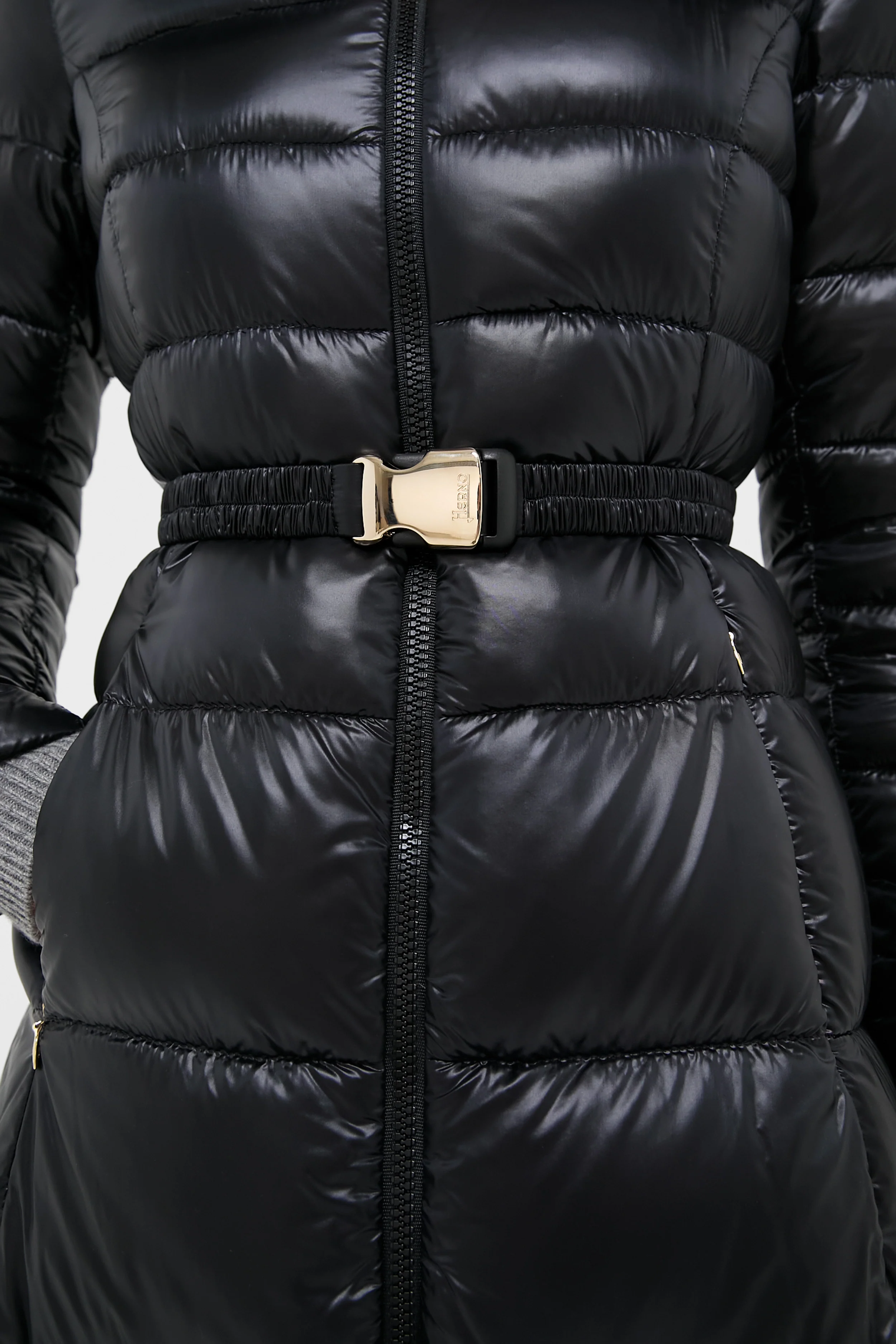 Black Nylon Ultralight Quilted Maxi Coat with Elastic Belt - Image 5