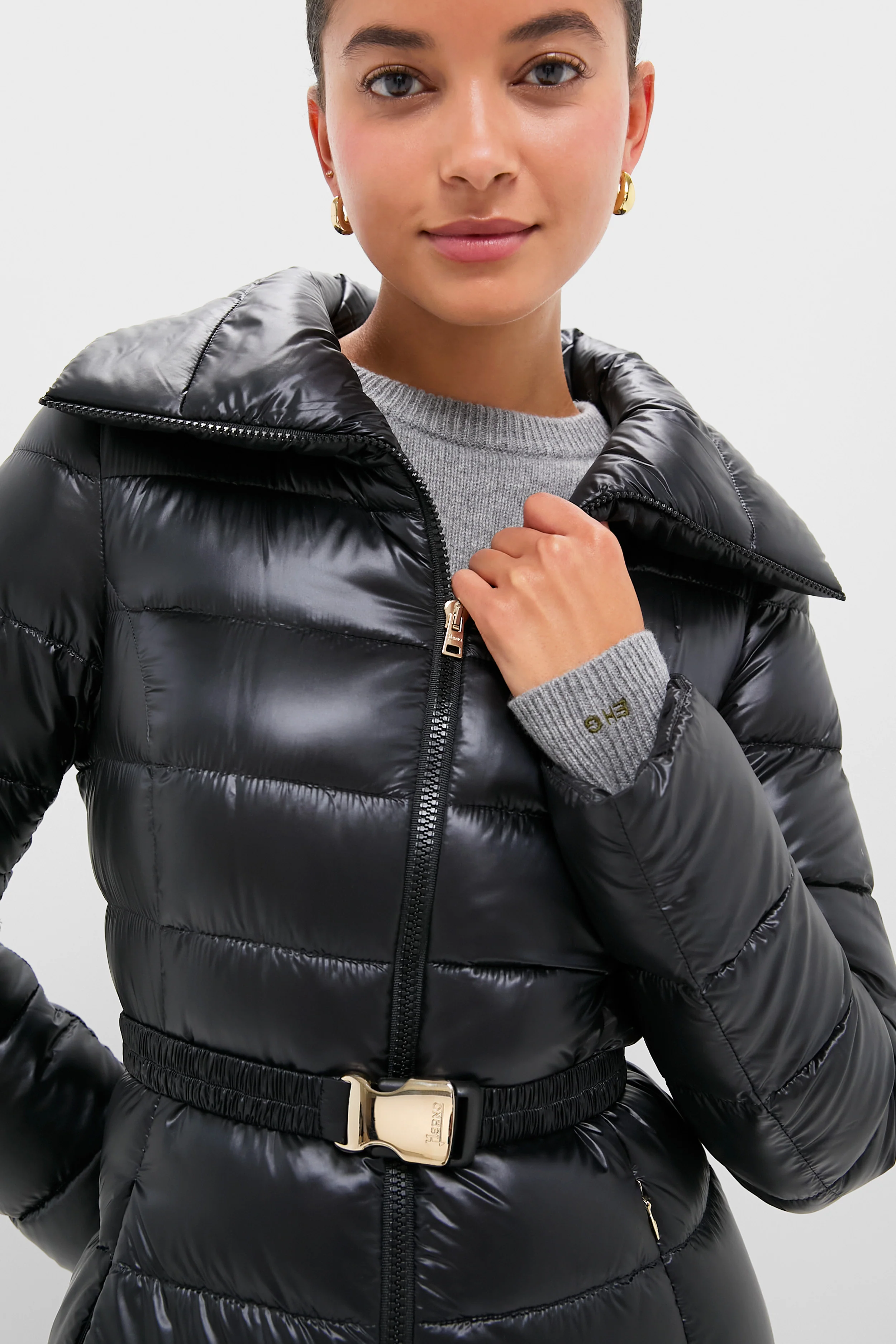Black Nylon Ultralight Quilted Maxi Coat with Elastic Belt - Image 6