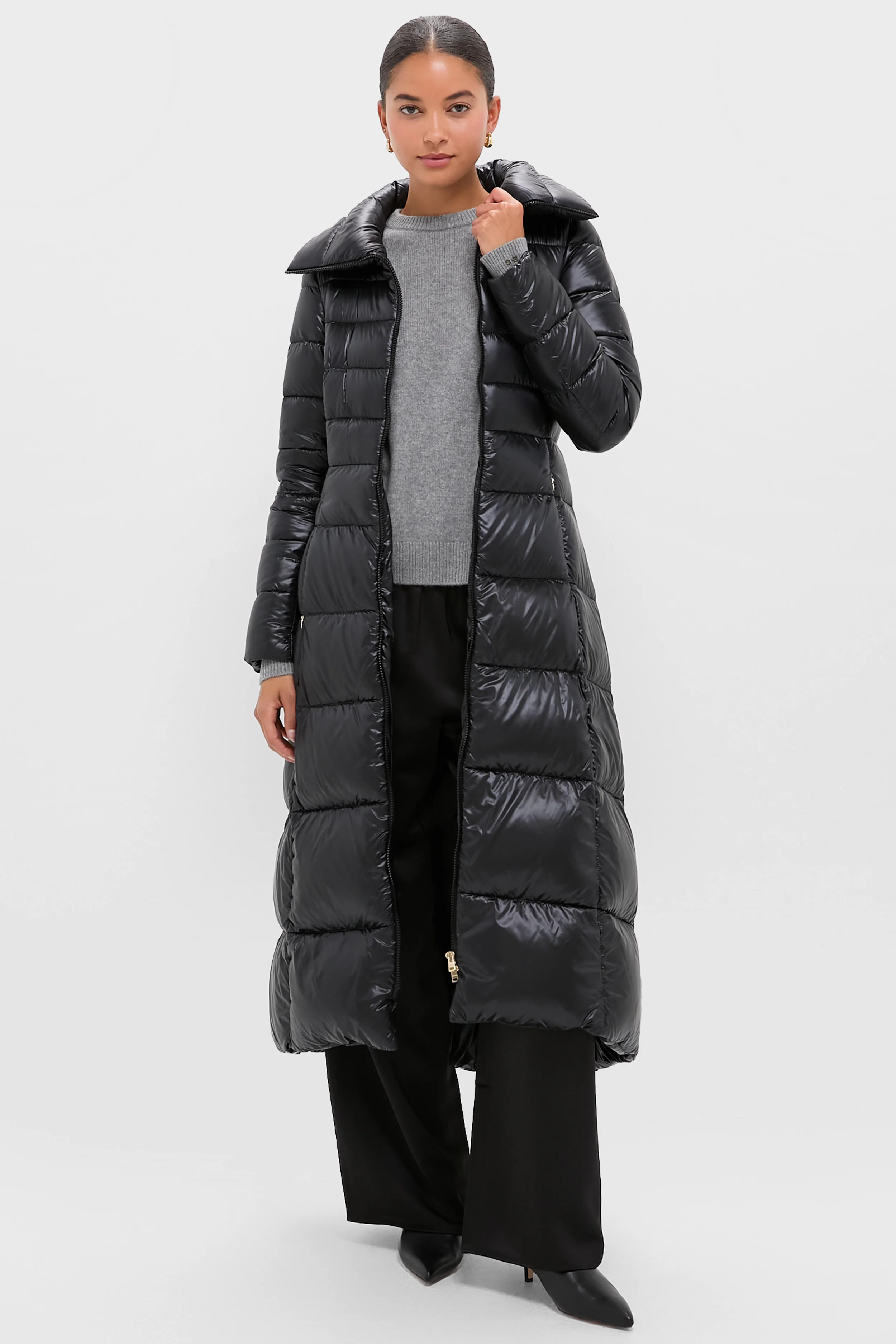 Black Nylon Ultralight Quilted Maxi Coat with Elastic Belt - Image 7