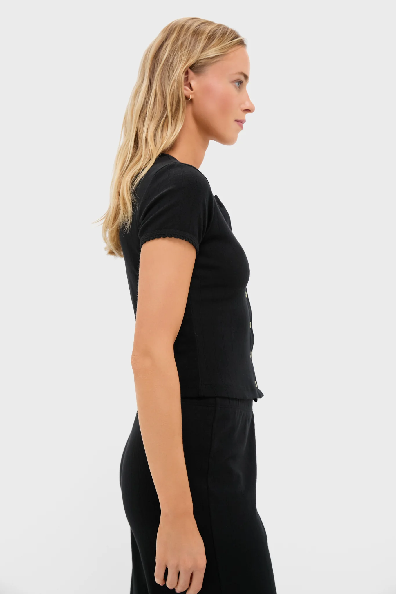 Black Pointelle Short Sleeve Cardigan - Image 3