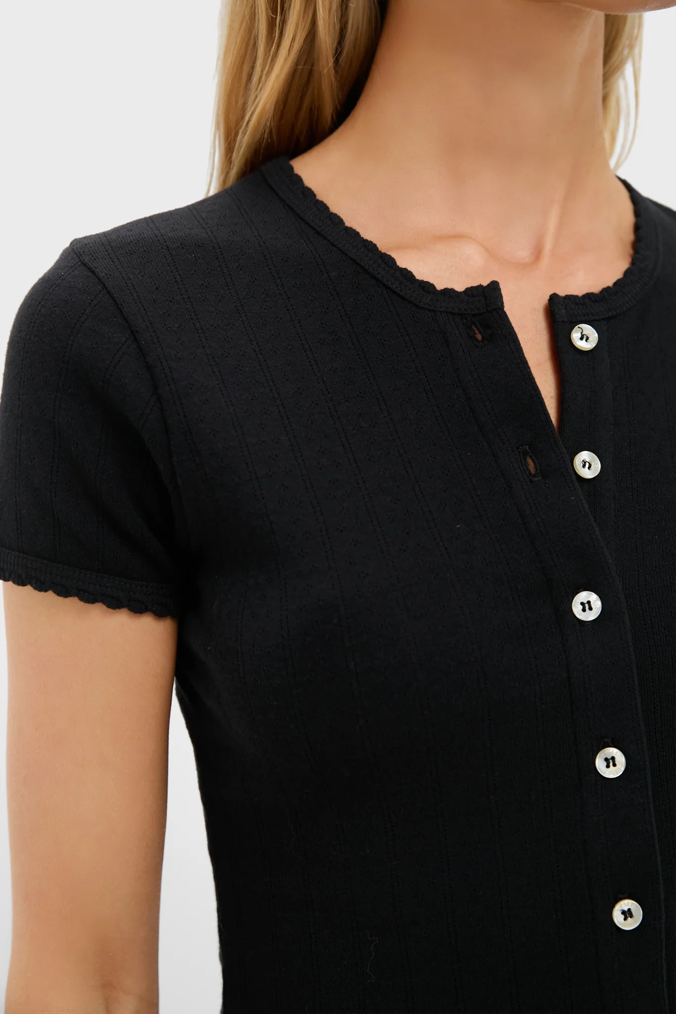 Black Pointelle Short Sleeve Cardigan - Image 5
