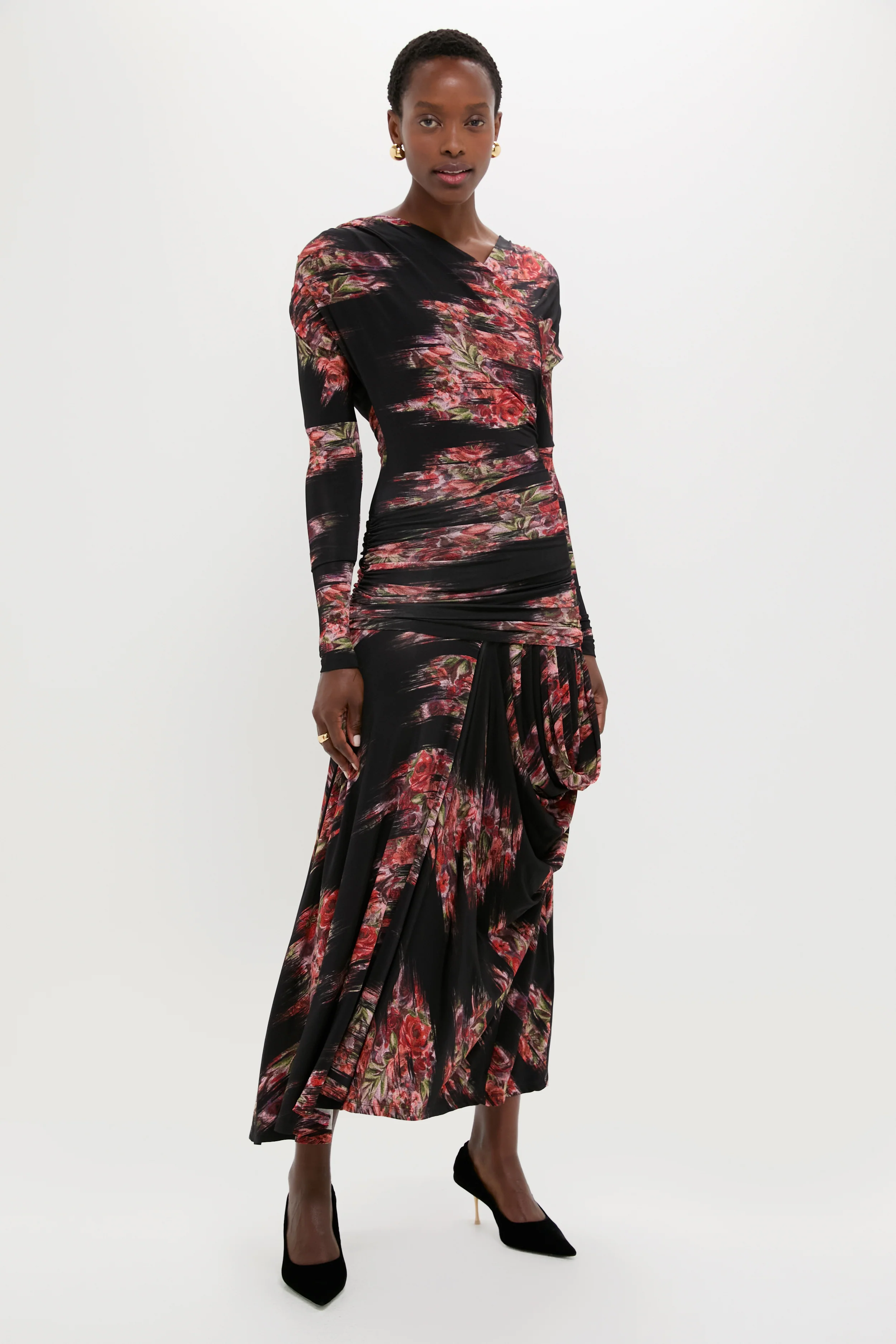 Black Printed Shiny Jersey Ruched Long Dress