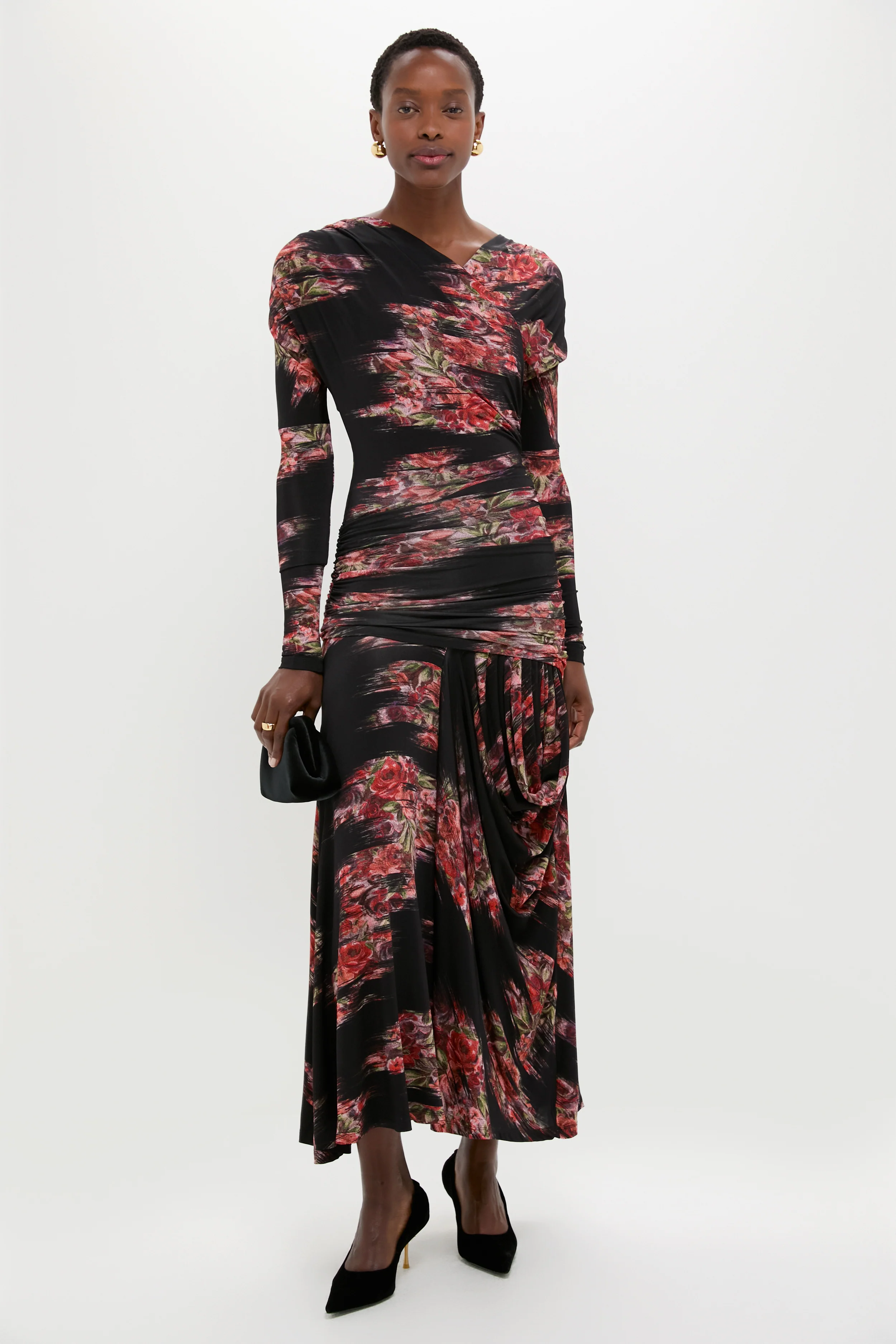 Black Printed Shiny Jersey Ruched Long Dress - Image 2