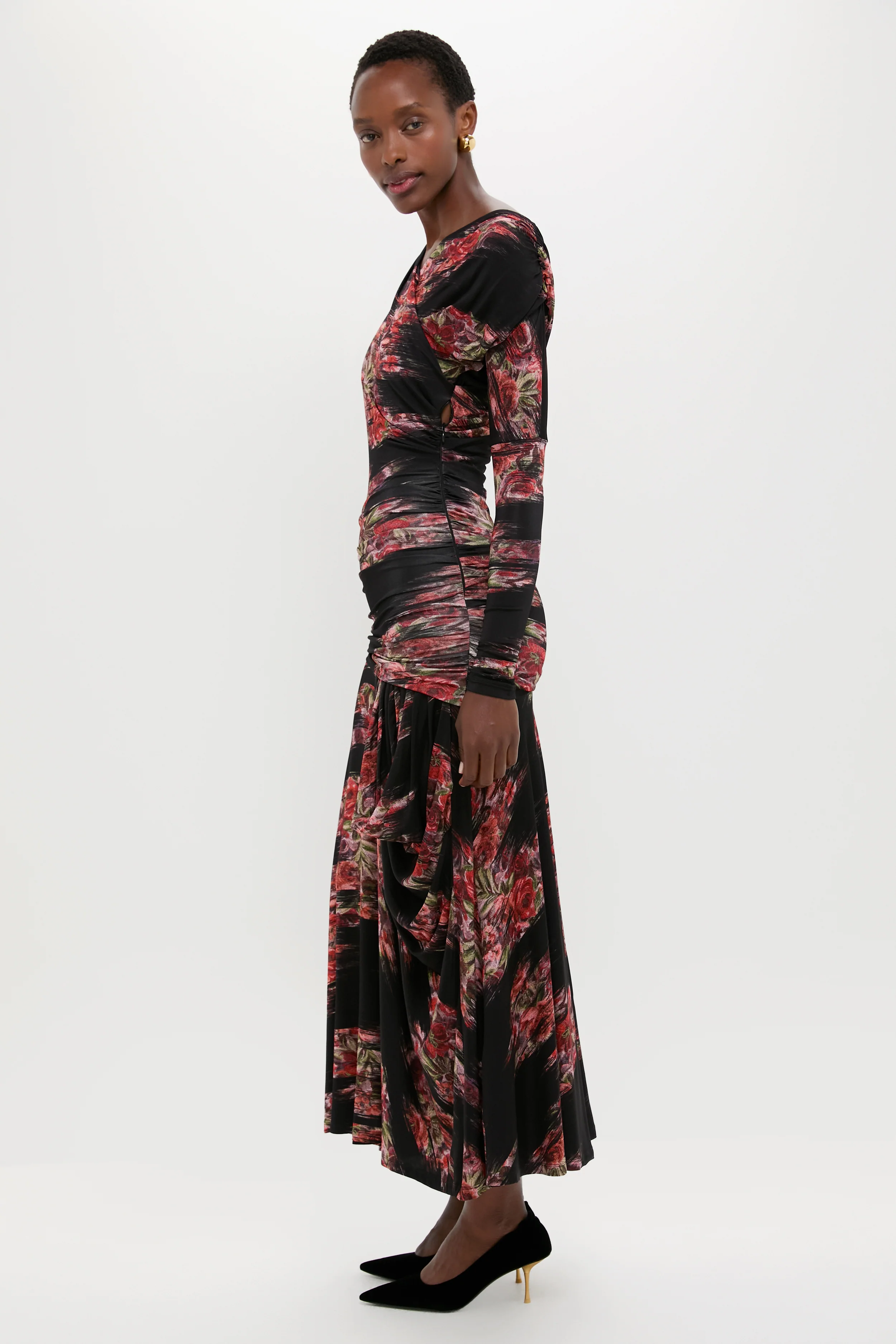 Black Printed Shiny Jersey Ruched Long Dress - Image 3