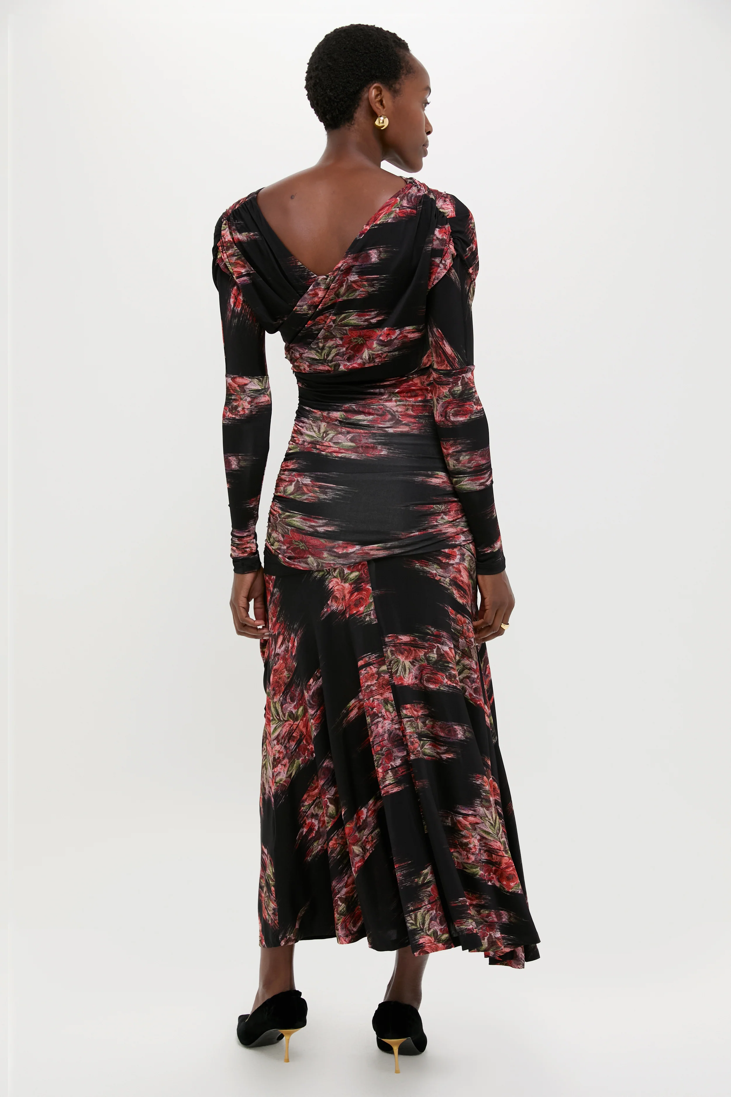 Black Printed Shiny Jersey Ruched Long Dress - Image 4
