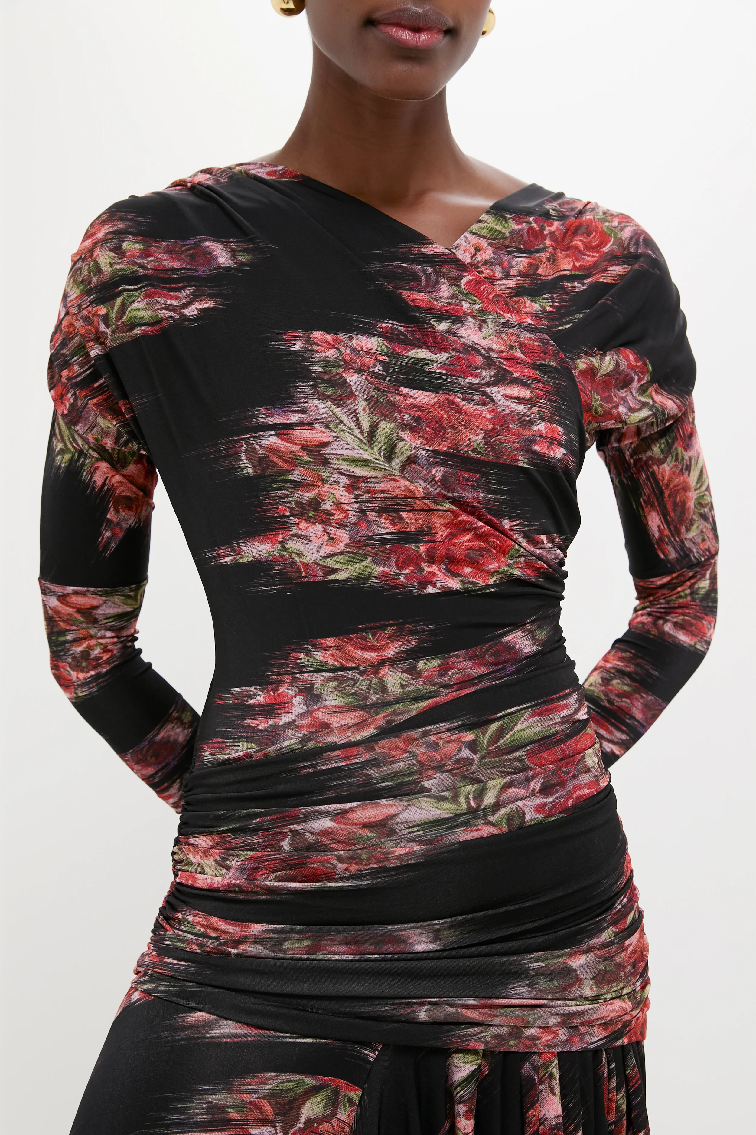 Black Printed Shiny Jersey Ruched Long Dress - Image 5