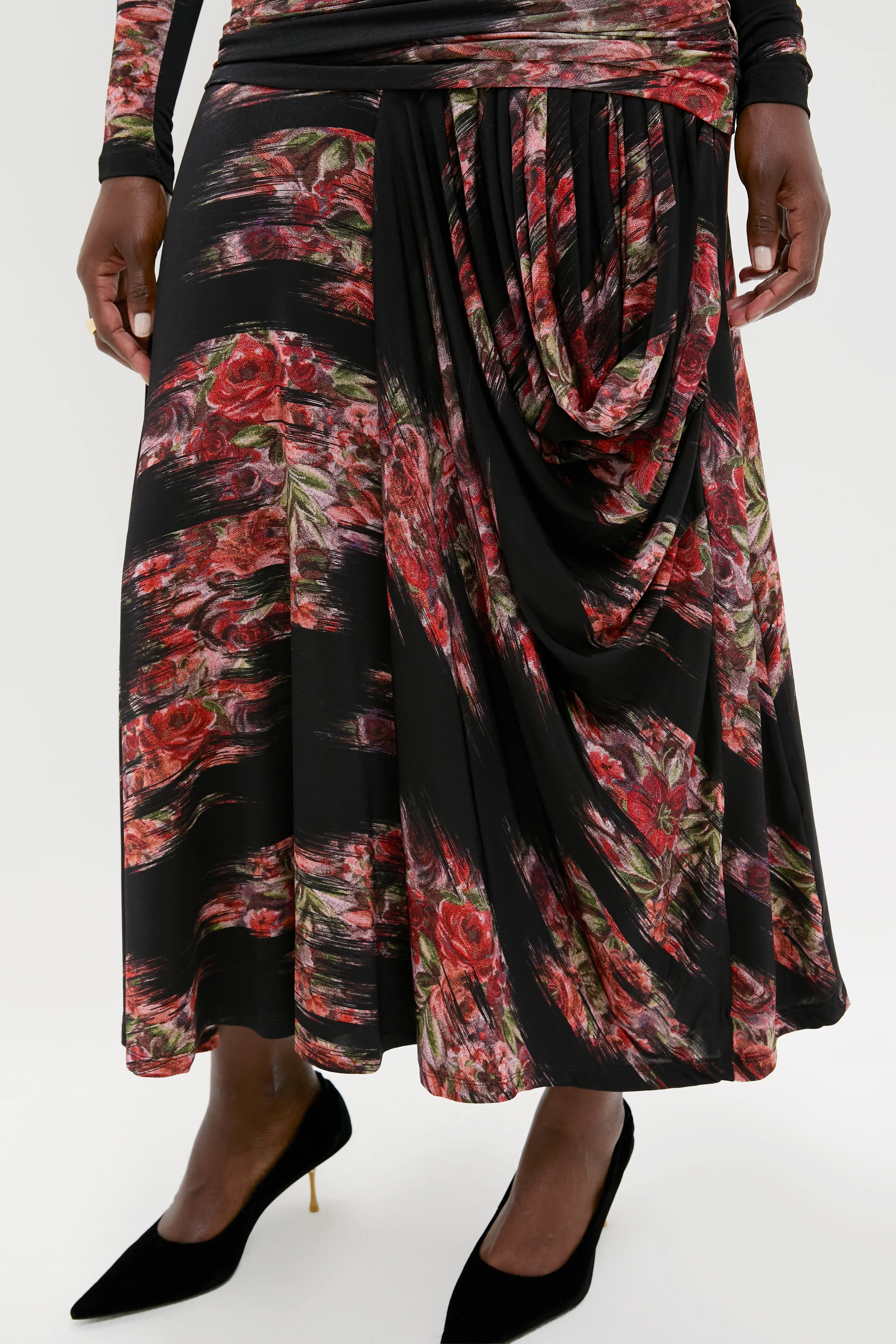 Black Printed Shiny Jersey Ruched Long Dress - Image 6