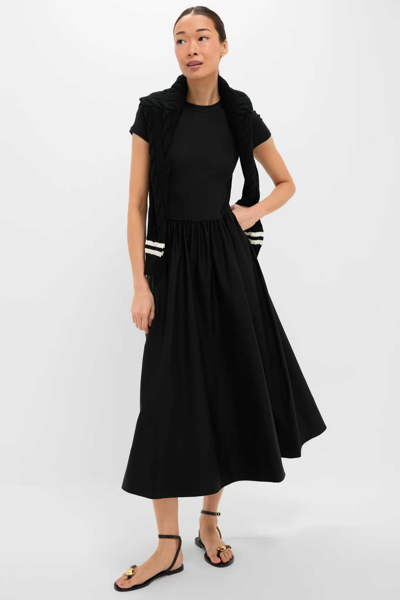 Black Rib Knit Crew Neck Short Sleeve A-Line Dress - Image 2