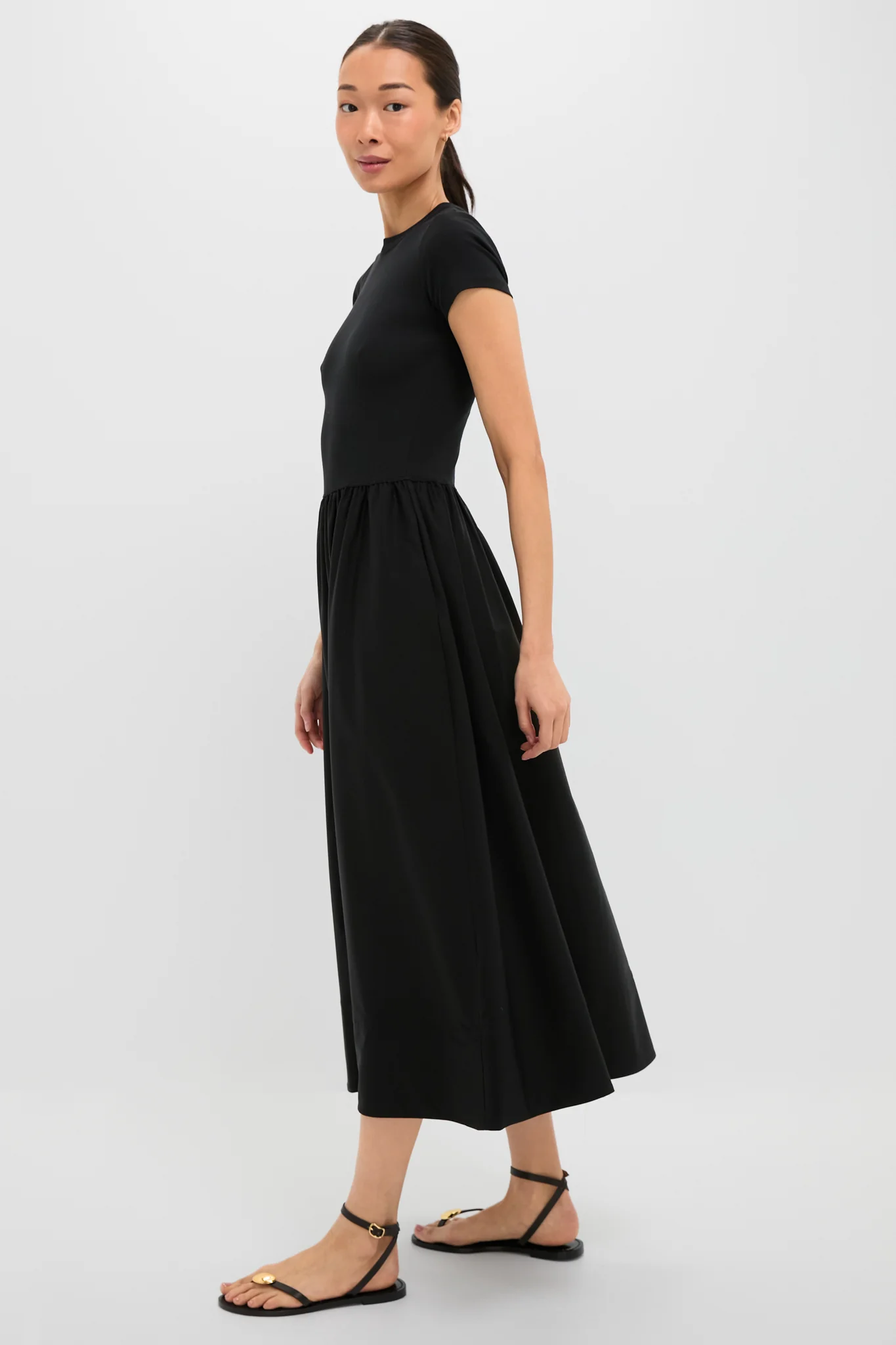 Black Rib Knit Crew Neck Short Sleeve A-Line Dress - Image 3