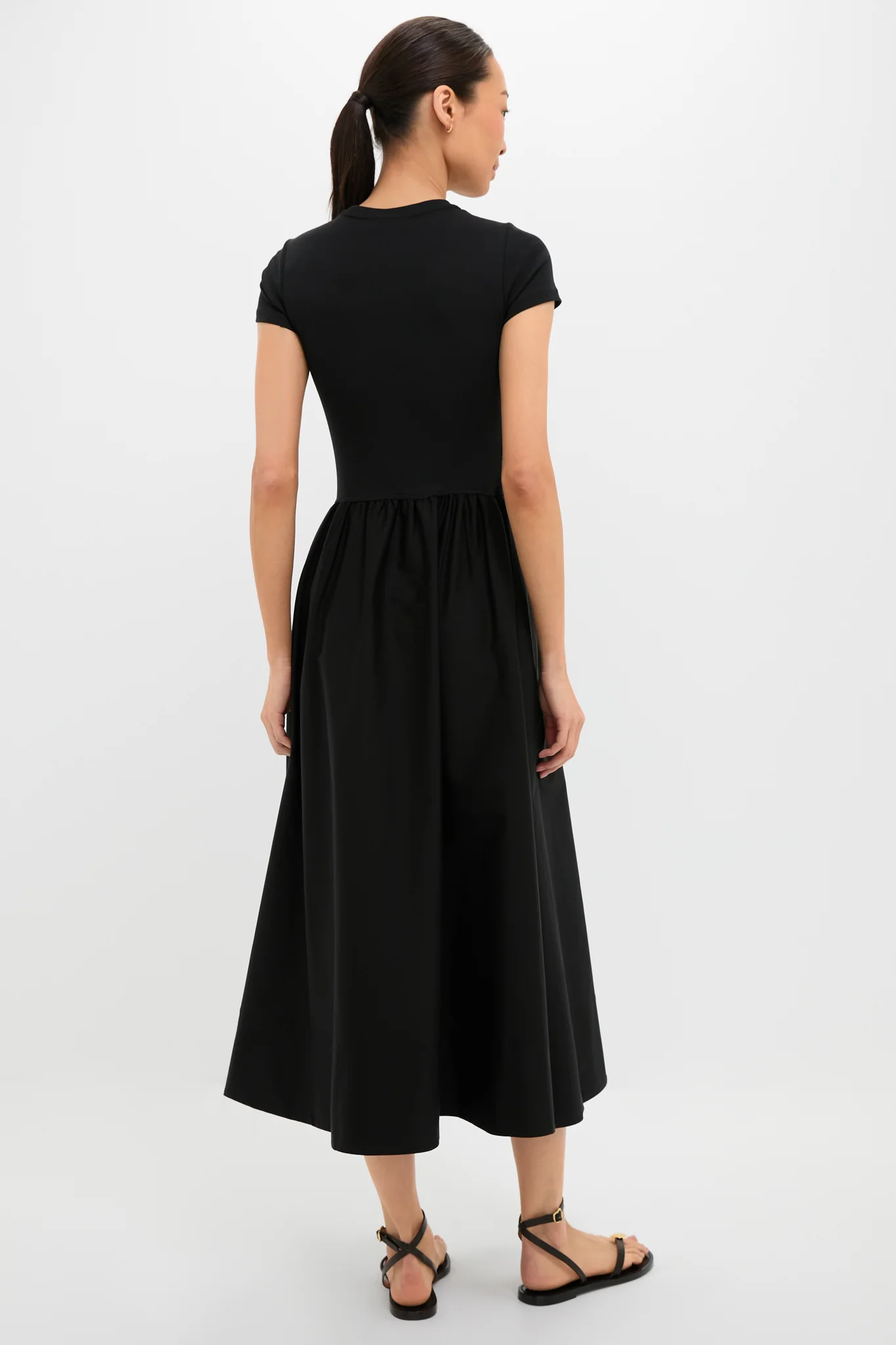 Black Rib Knit Crew Neck Short Sleeve A-Line Dress - Image 4