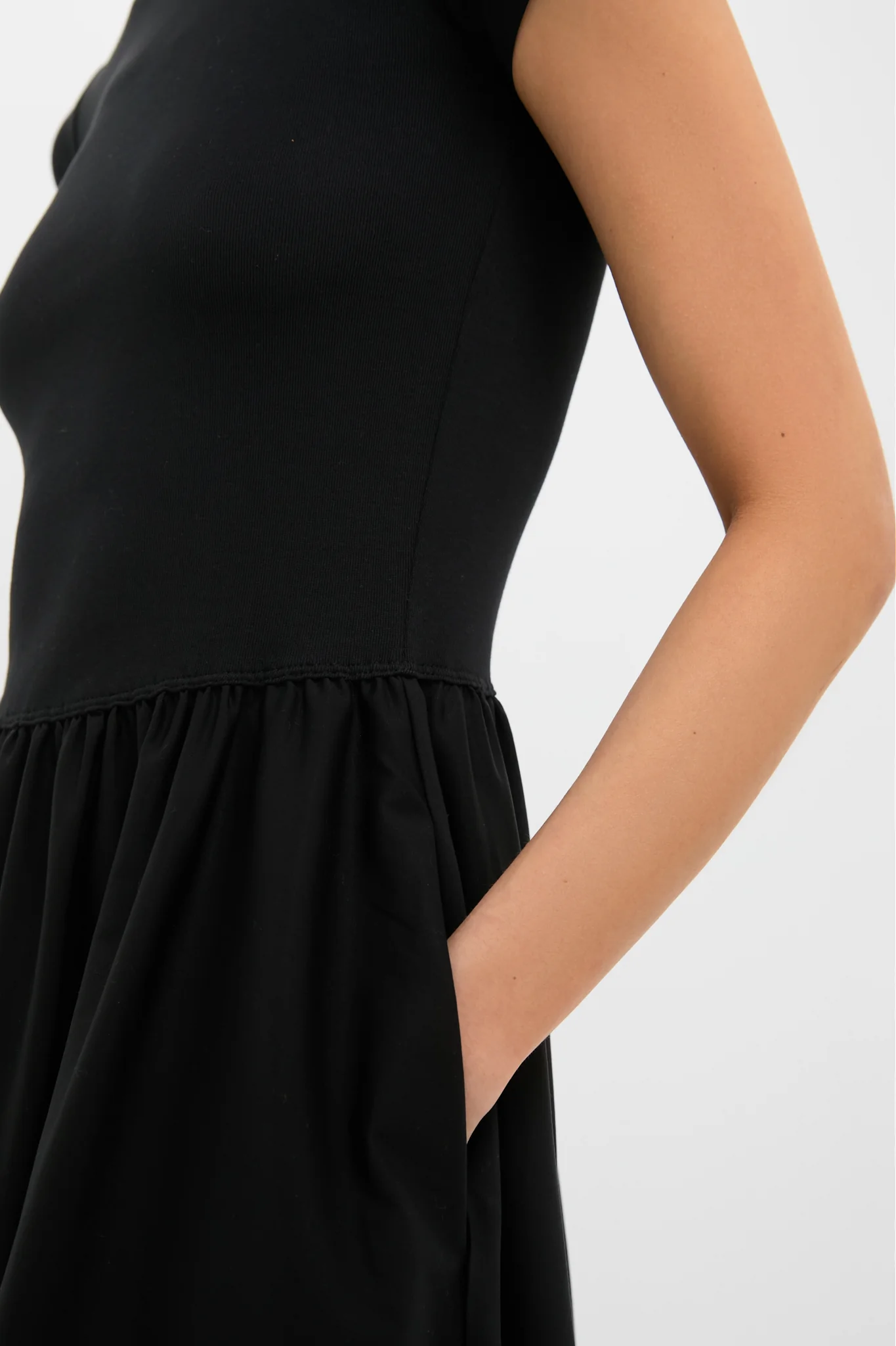 Black Rib Knit Crew Neck Short Sleeve A-Line Dress - Image 5