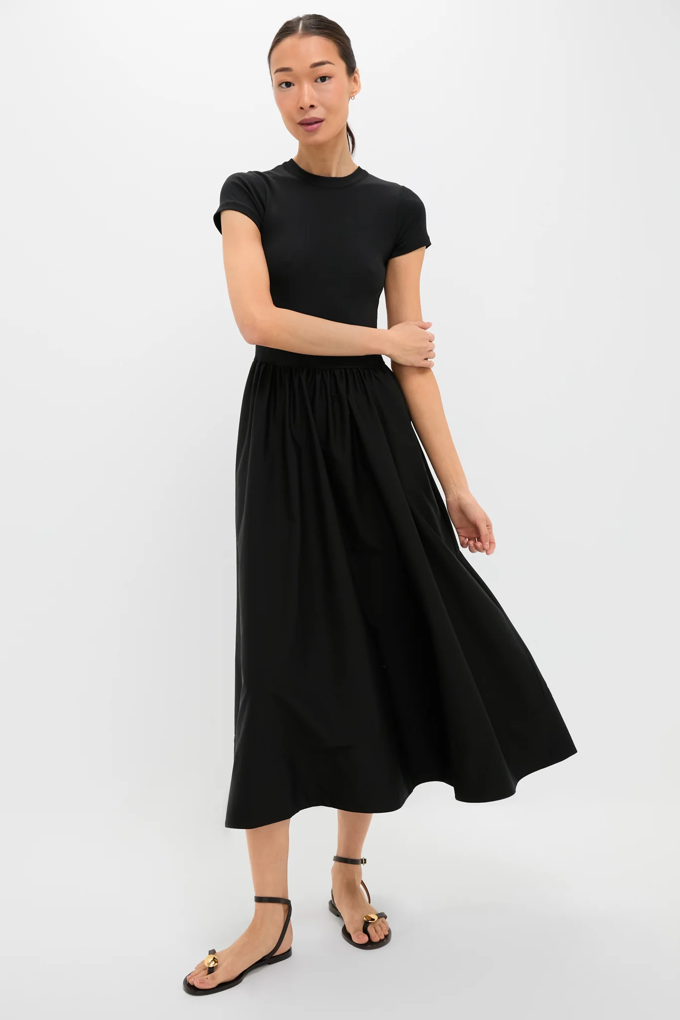 Black Rib Knit Crew Neck Short Sleeve A-Line Dress - Image 6