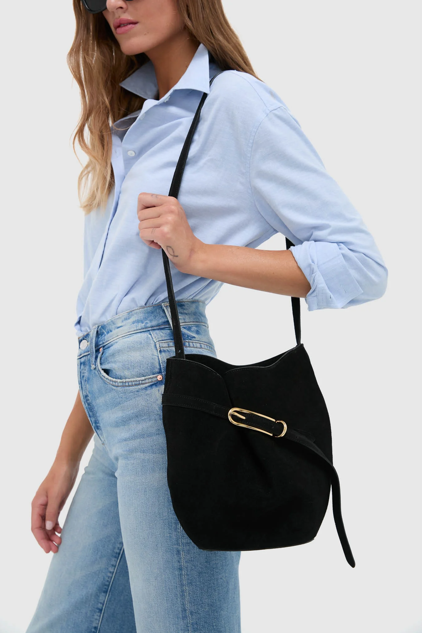 Black Suede Belted Bucket Bag - Image 2