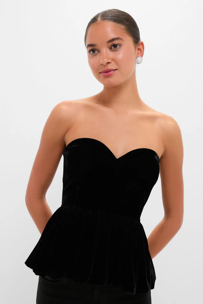 Black Velvet Peplum Strapless Tudor Blouse