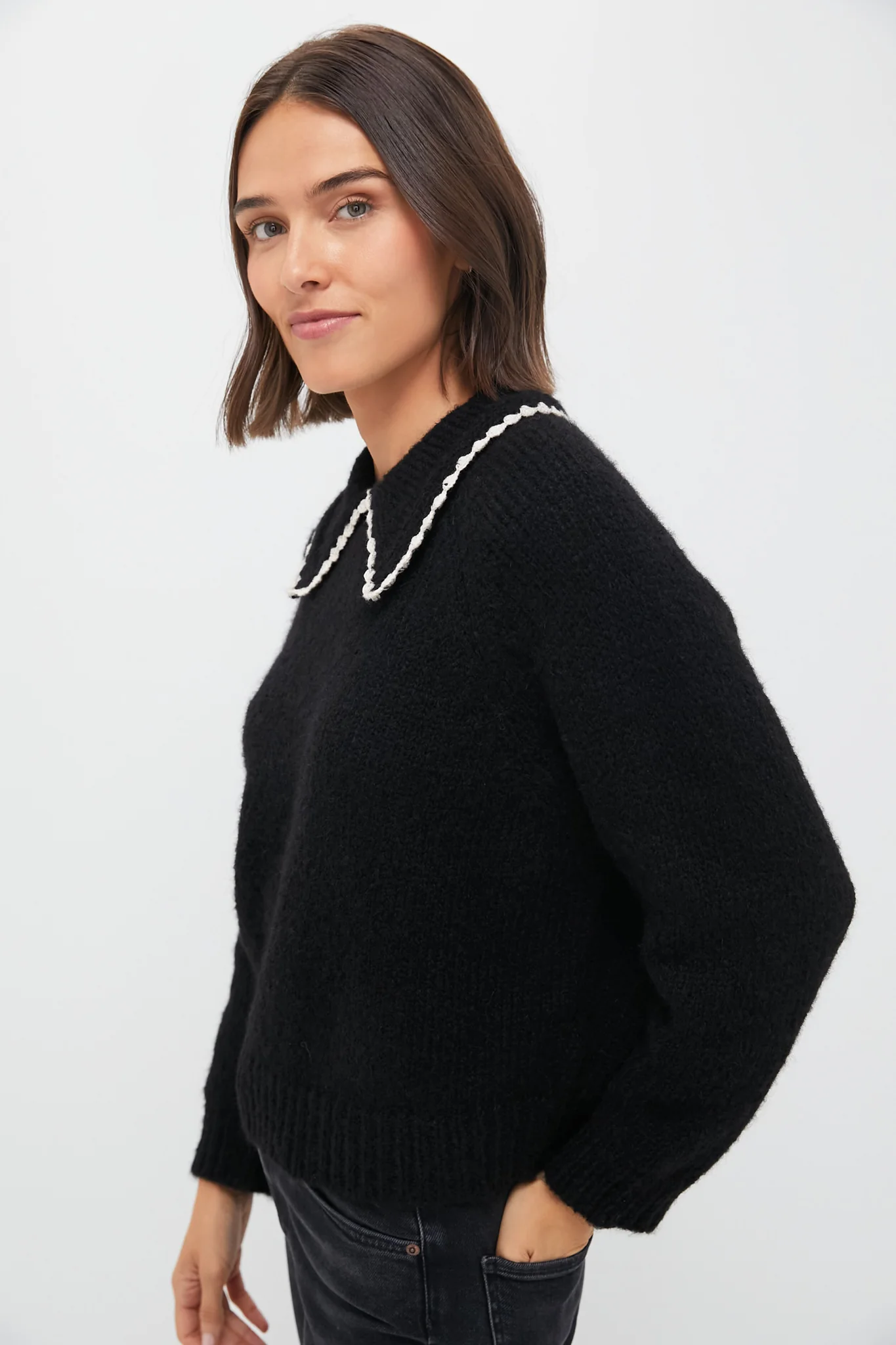 Black with Soft White Crochet Collar Pullover - Image 3