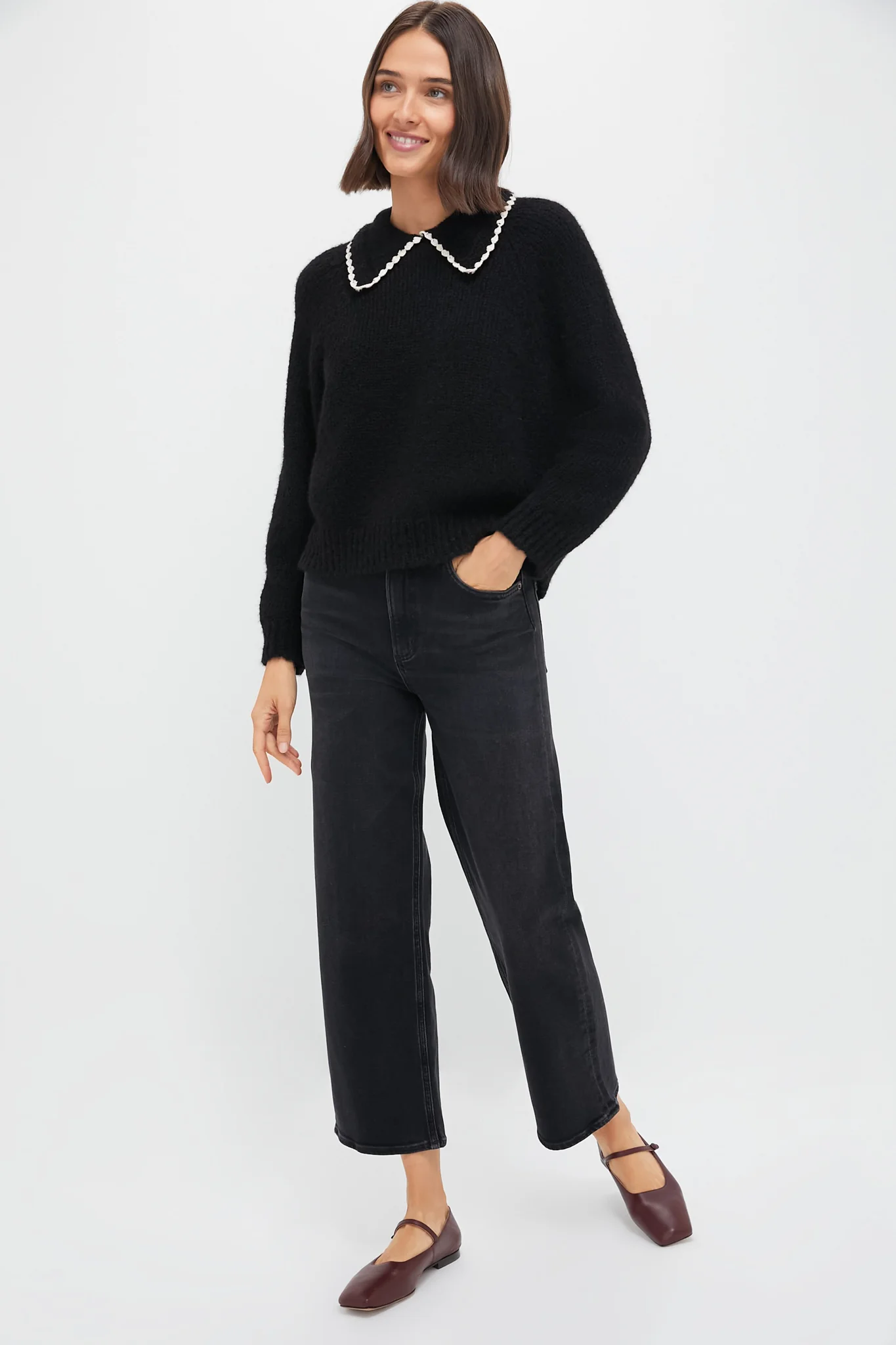 Black with Soft White Crochet Collar Pullover - Image 6