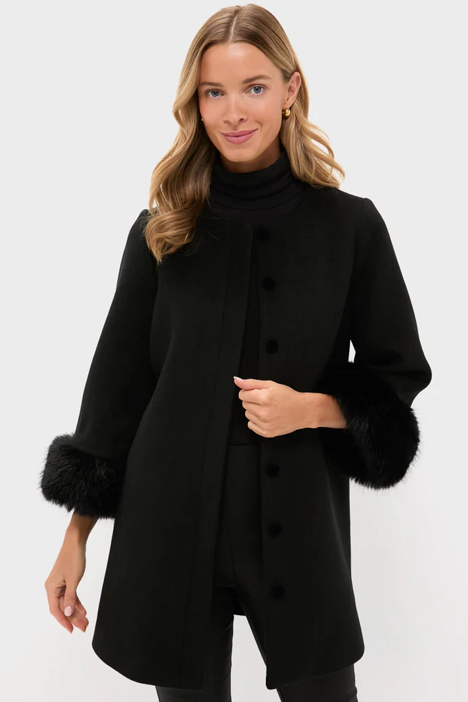 Black Wool Fur Cuff Harlan Coat - Image 6