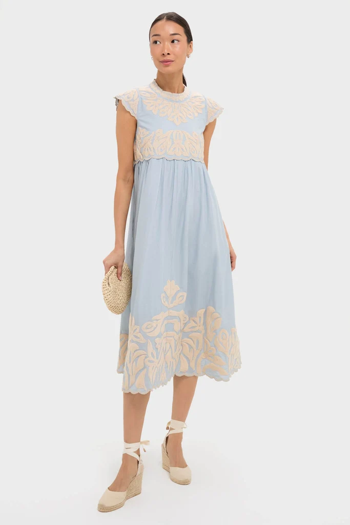 Blue Alexandra Embroidery Cap Sleeve Midi Dress - Image 2