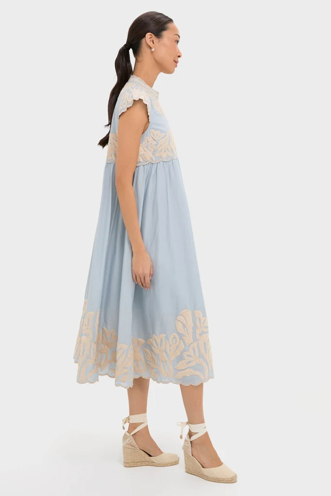Blue Alexandra Embroidery Cap Sleeve Midi Dress - Image 3