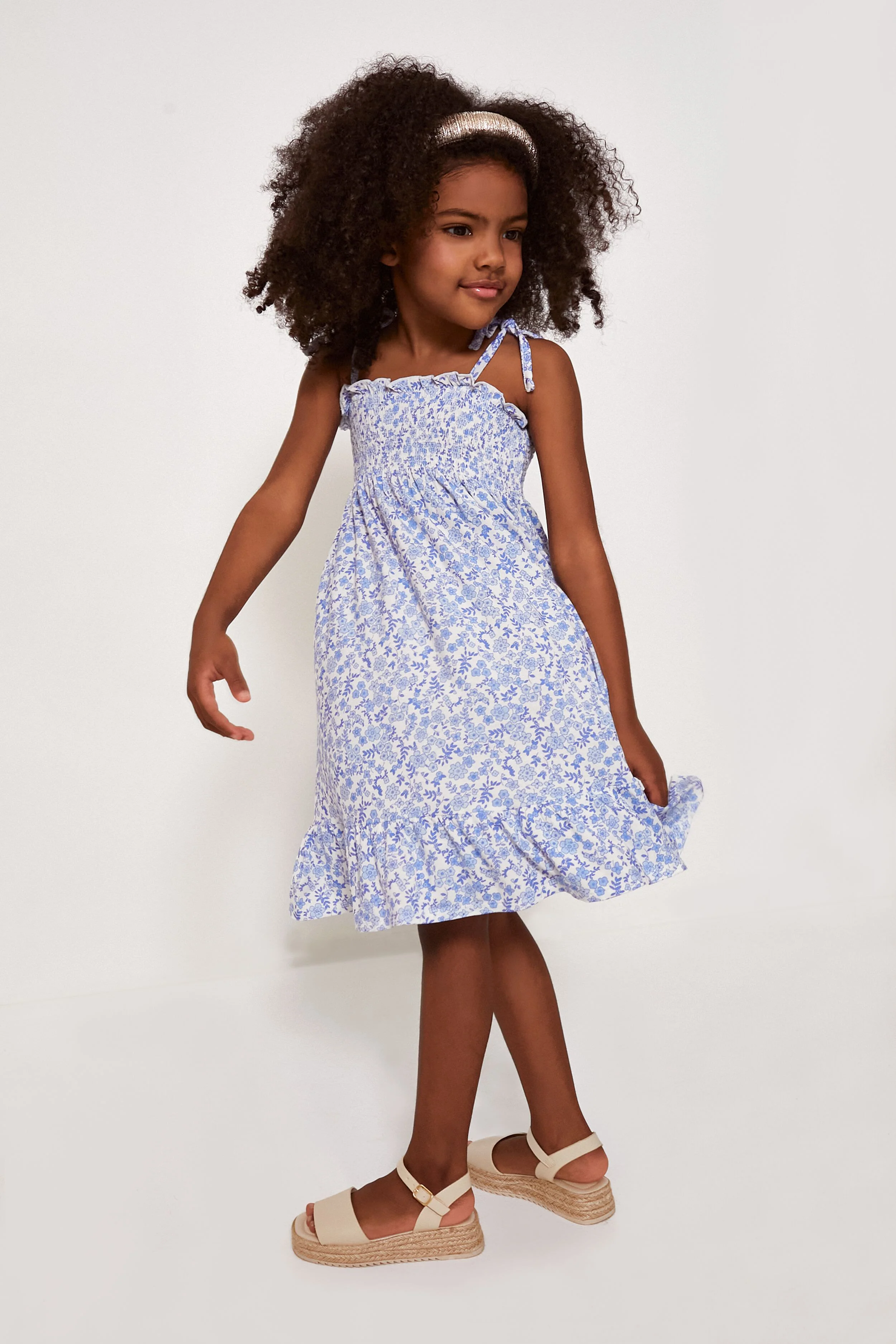 Blue Calico Floral Tie Strap Smocked Sundress - Image 2